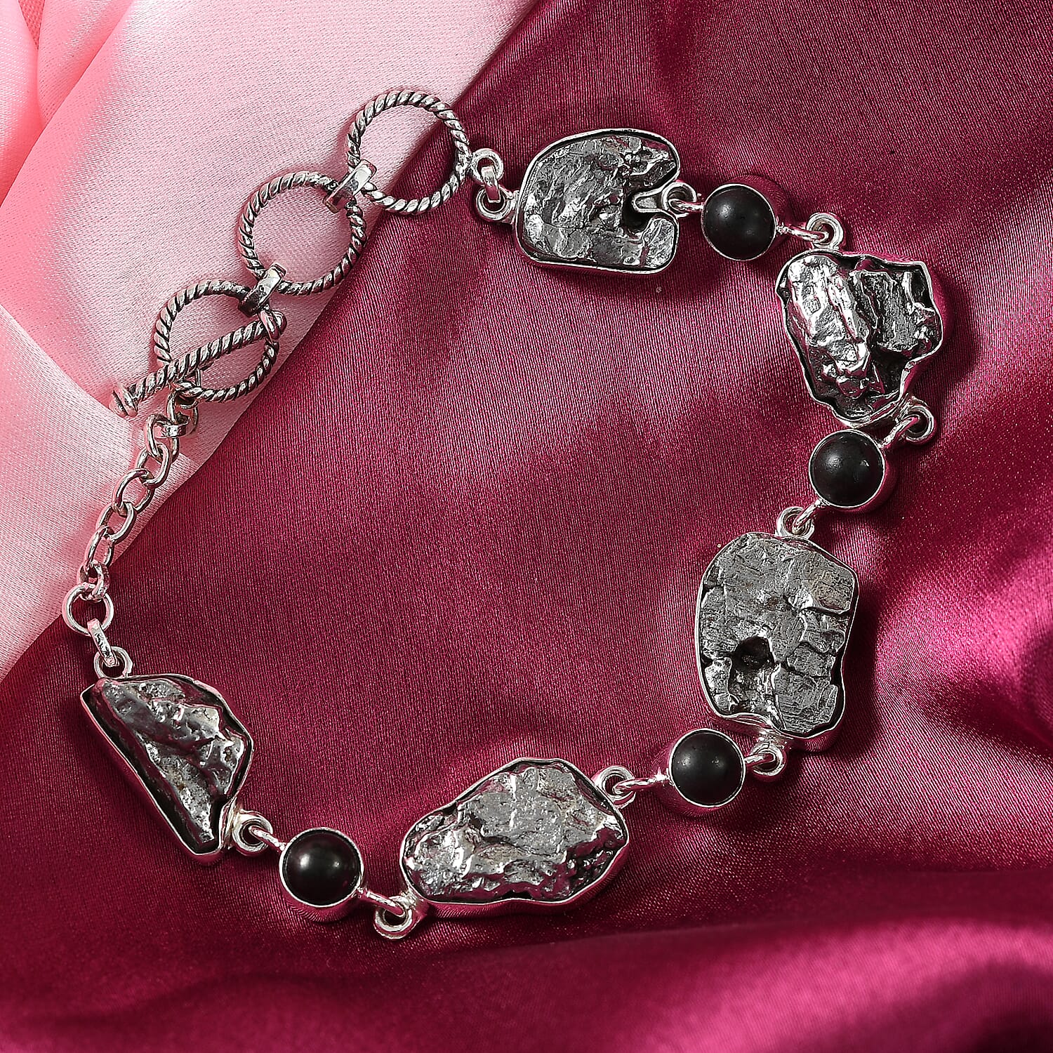 Artisan Crafted - Meteorite and Shungite Bracelet (Size 9 with T-Lock) in Sterling Silver 91.80 Ct, SIlver wt. 10.32 Gms