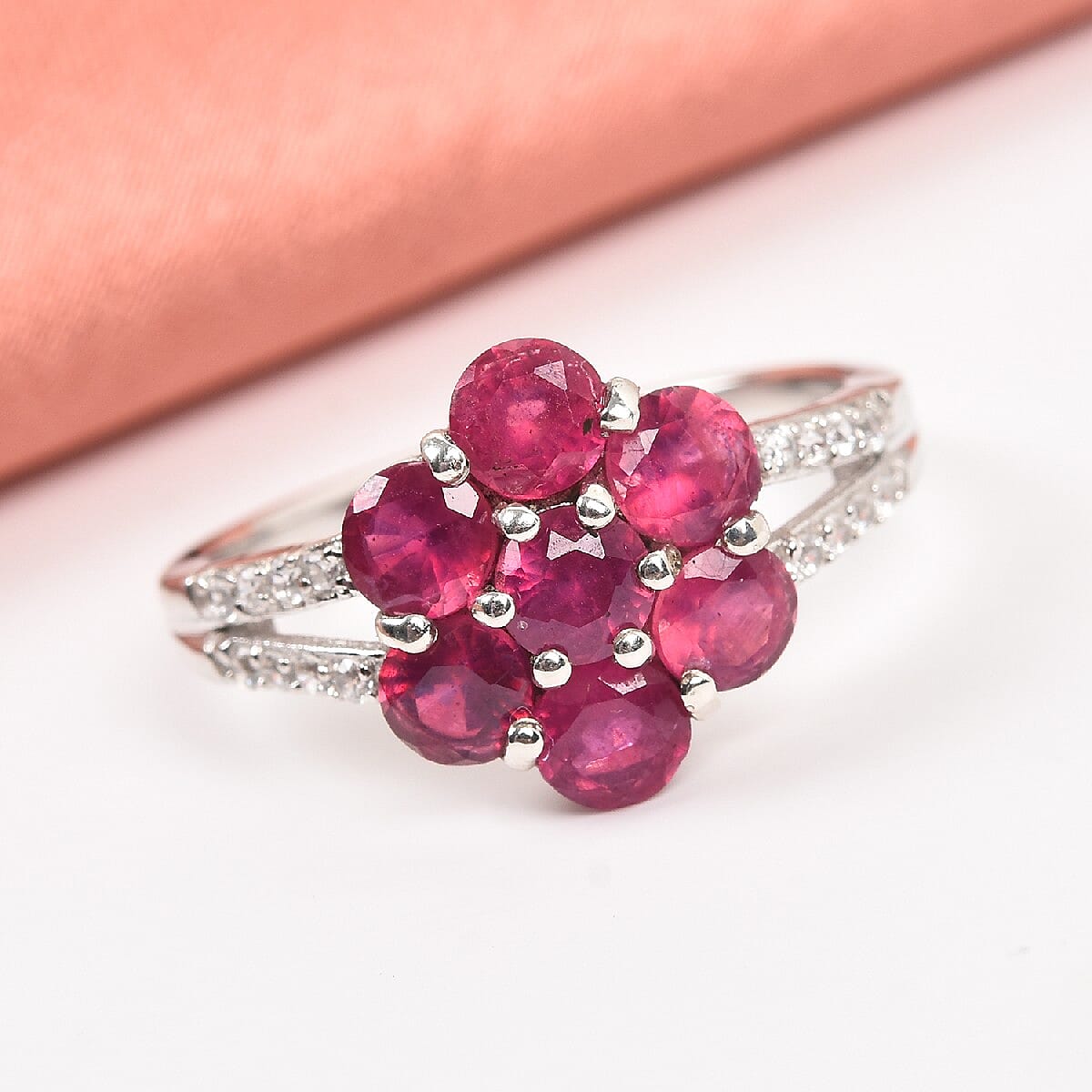 African Ruby (FF), Natural Cambodian Zircon Floral Ring in Platinum Overlay Sterling Silver 2.810 Ct.