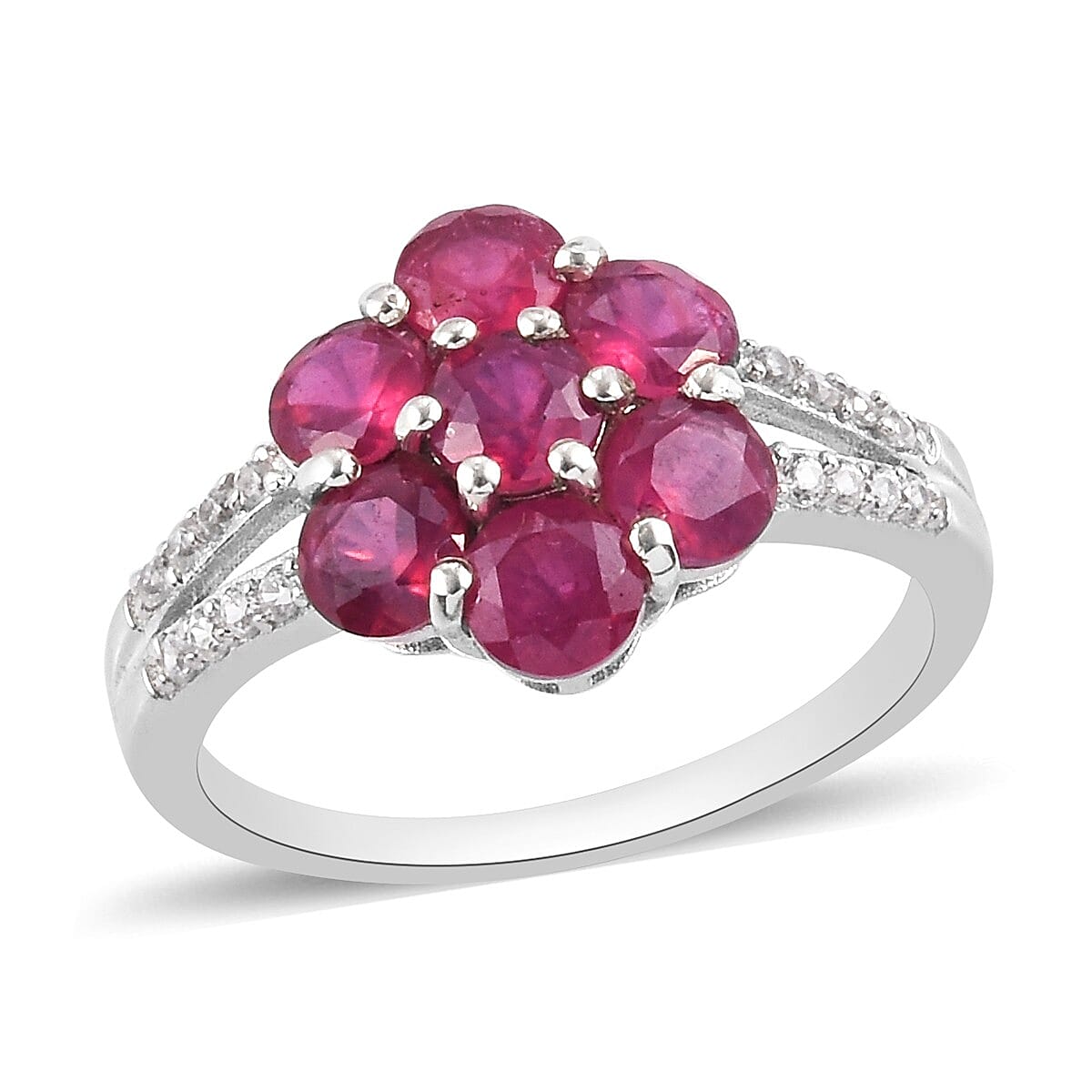 African Ruby (FF), Natural Cambodian Zircon Floral Ring in Platinum Overlay Sterling Silver 2.810 Ct.