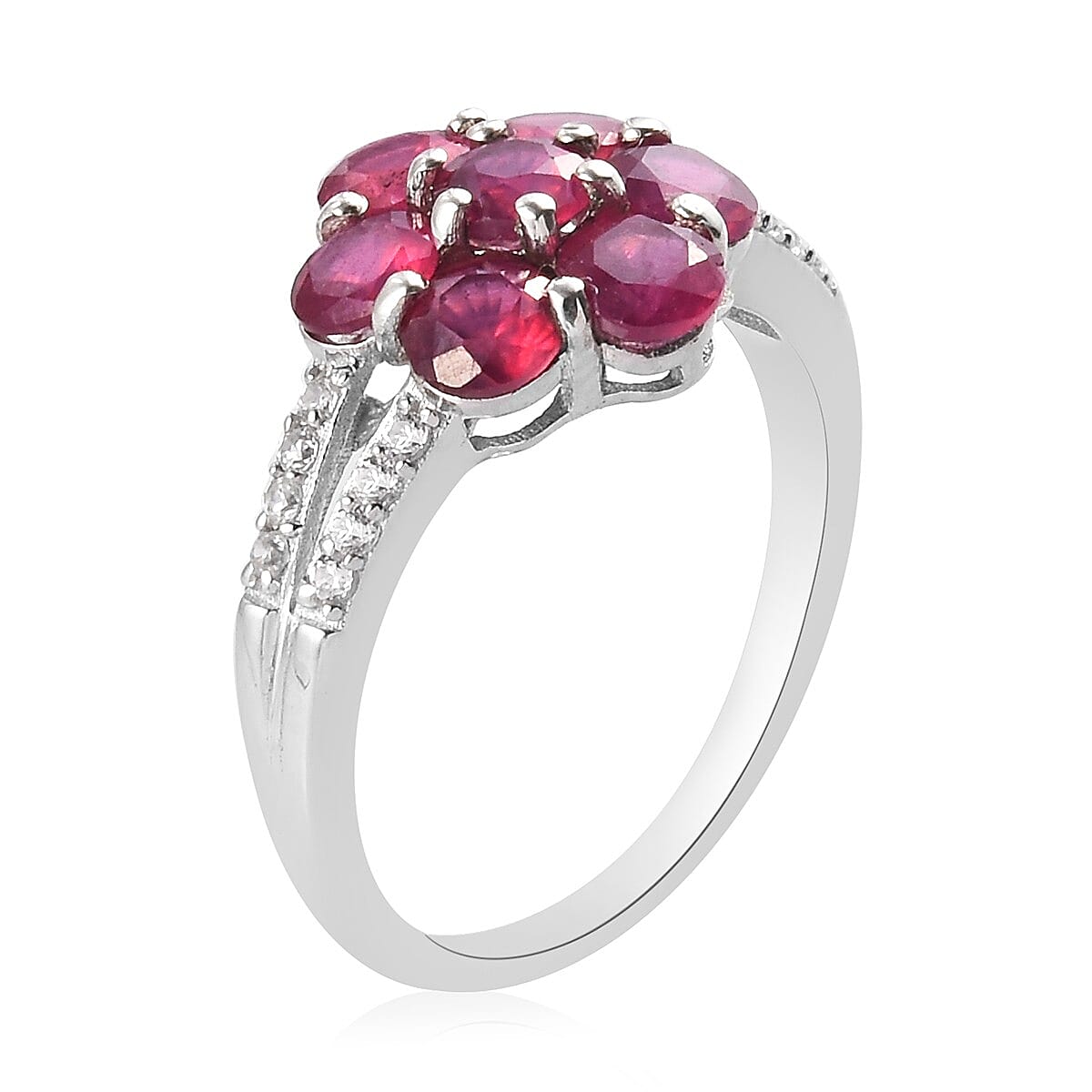 African Ruby (FF), Natural Cambodian Zircon Floral Ring in Platinum Overlay Sterling Silver 2.810 Ct.