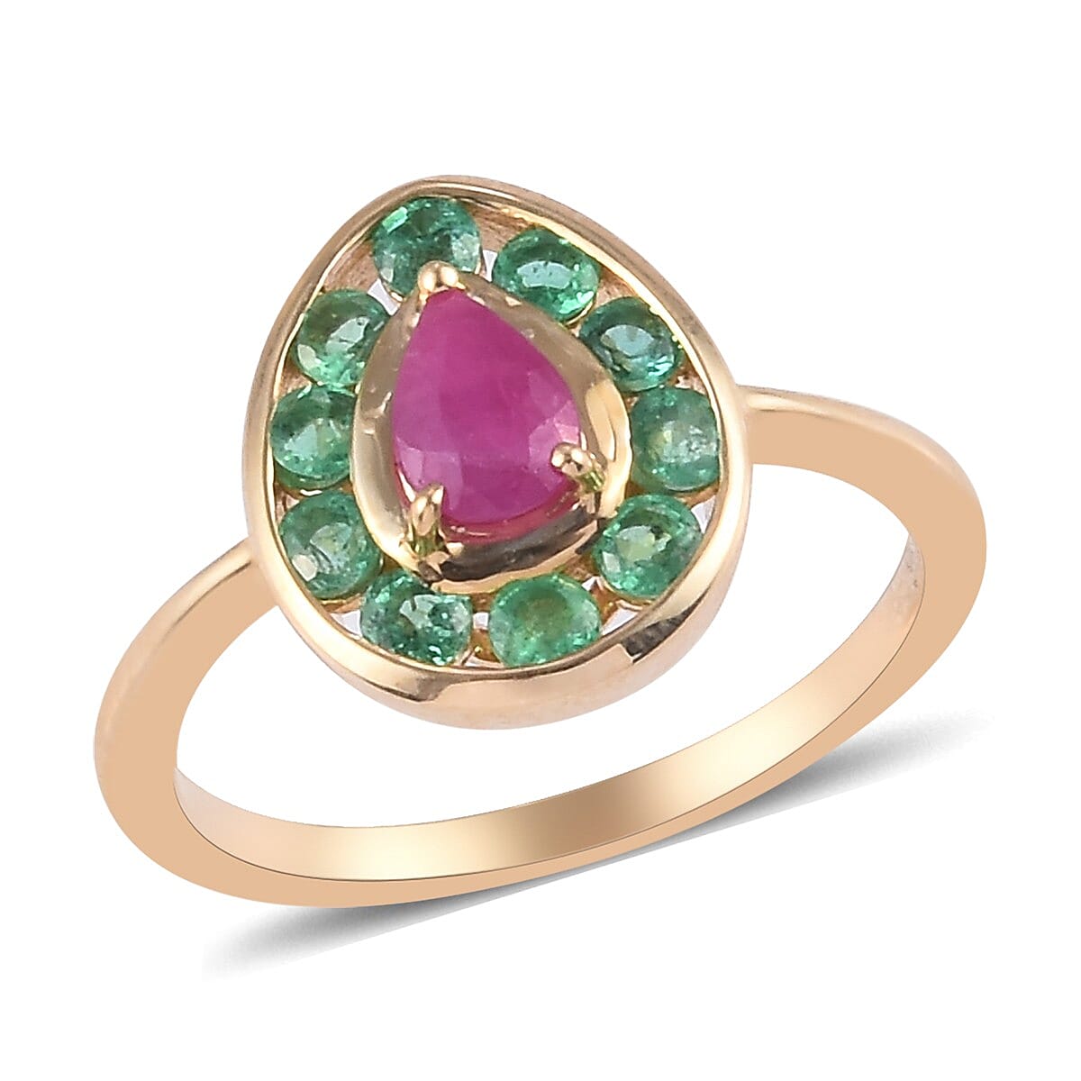 9K Yellow Gold AA Ruby and AA Kagem Zambian Emerald Ring 1.10 Ct.