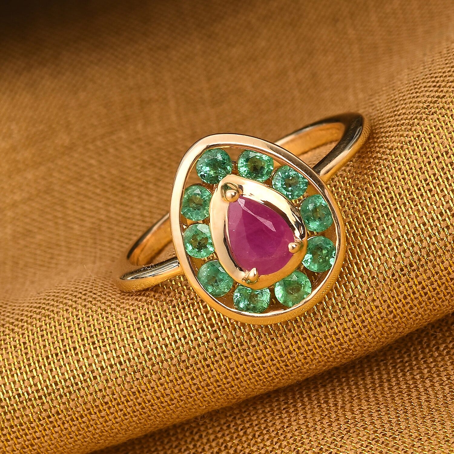 9K Yellow Gold AA Ruby and AA Kagem Zambian Emerald Ring 1.10 Ct.