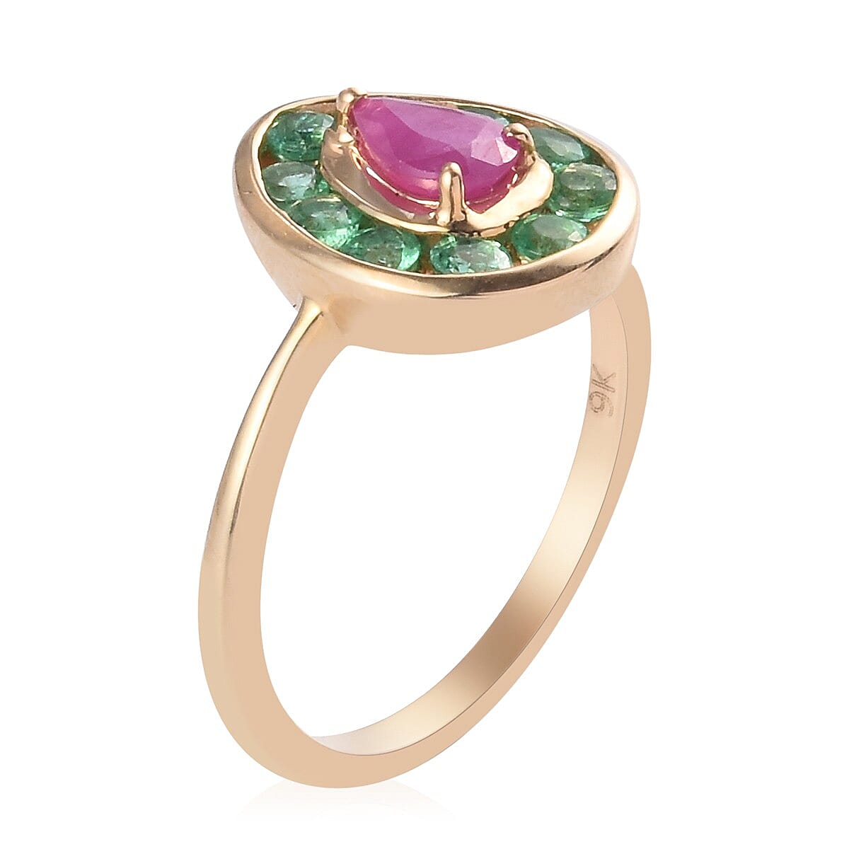 9K Yellow Gold AA Ruby and AA Kagem Zambian Emerald Ring 1.10 Ct.