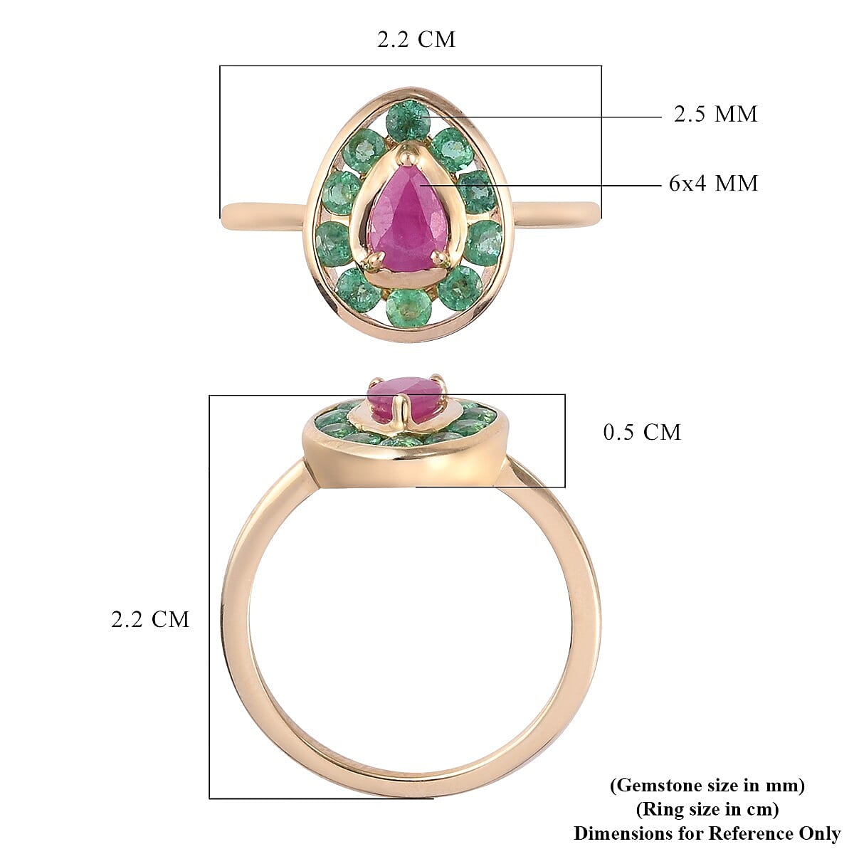 9K Yellow Gold AA Ruby and AA Kagem Zambian Emerald Ring 1.10 Ct.