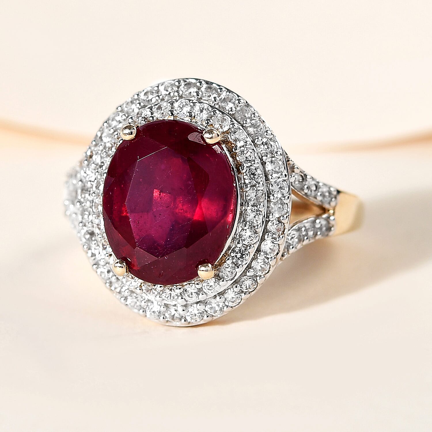 9K Yellow Gold AA Pink Ruby and Natural Cambodian Zircon Ring 5.74 Ct.