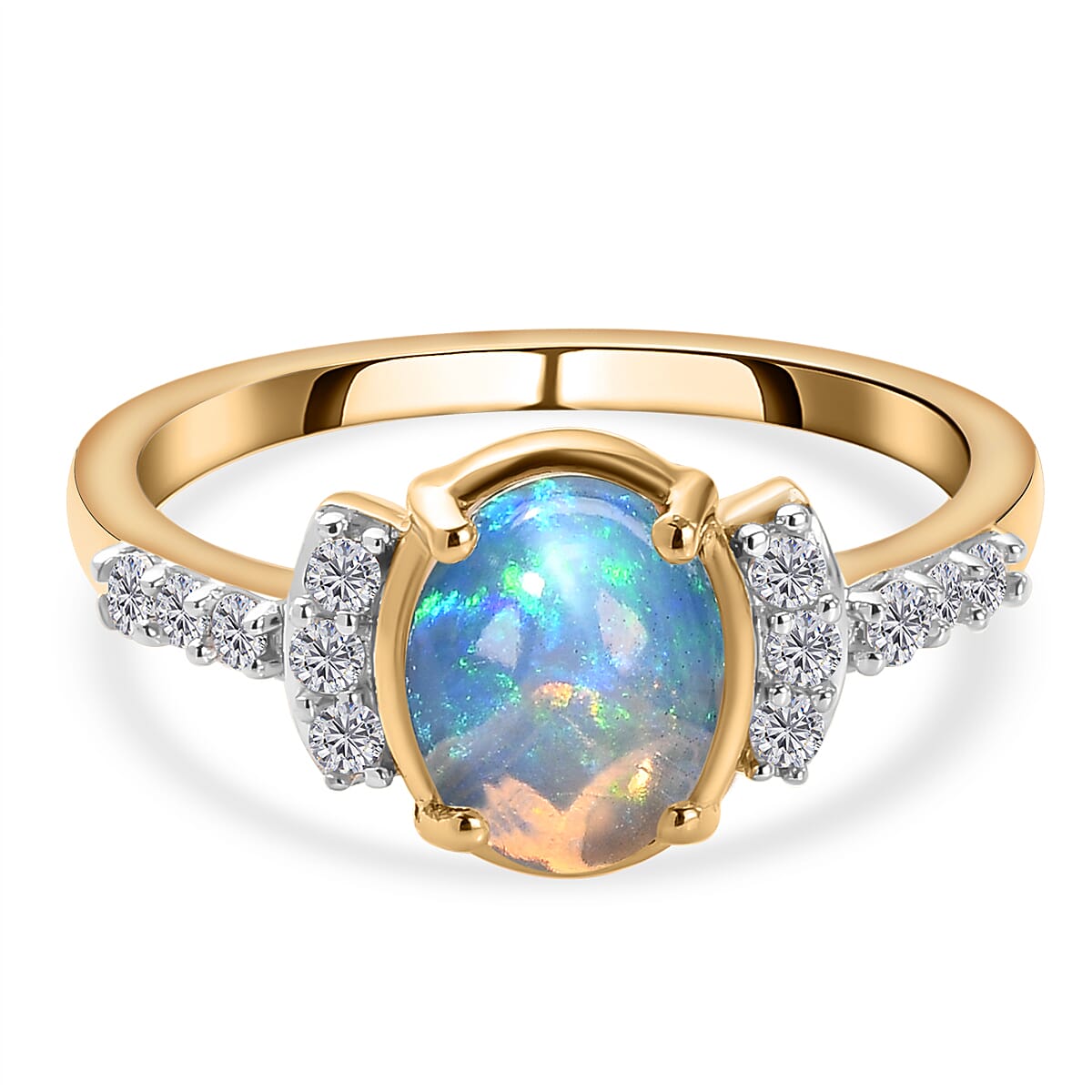 Ethiopian Welo Opal and Natural Cambodian Zircon Ring in 14K Gold Overlay Sterling Silver 1.05 Ct.