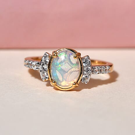 Ethiopian Welo Opal and Natural Cambodian Zircon Ring in 14K Gold Overlay Sterling Silver 1.05 Ct.