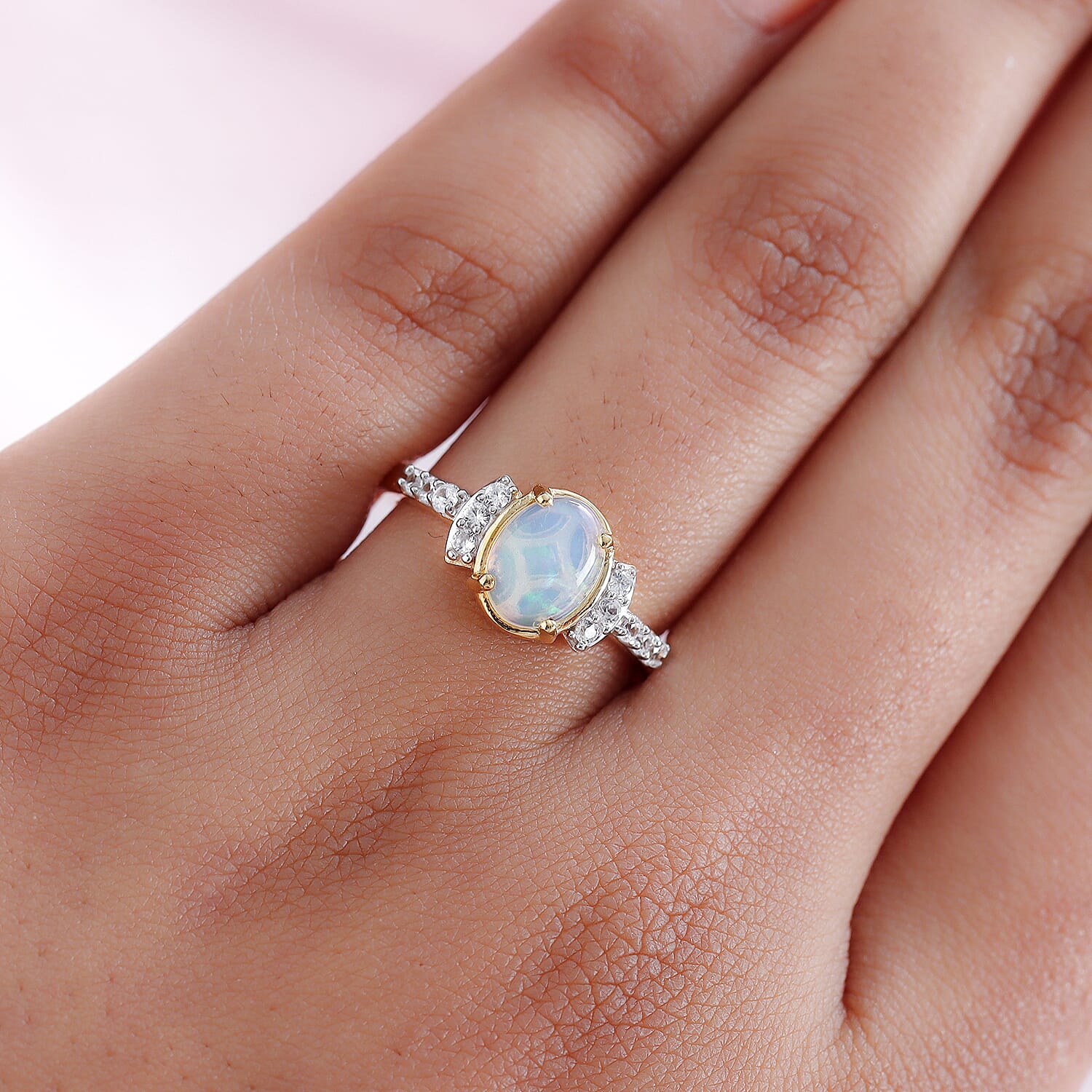 Ethiopian Welo Opal and Natural Cambodian Zircon Ring in 14K Gold Overlay Sterling Silver 1.05 Ct.