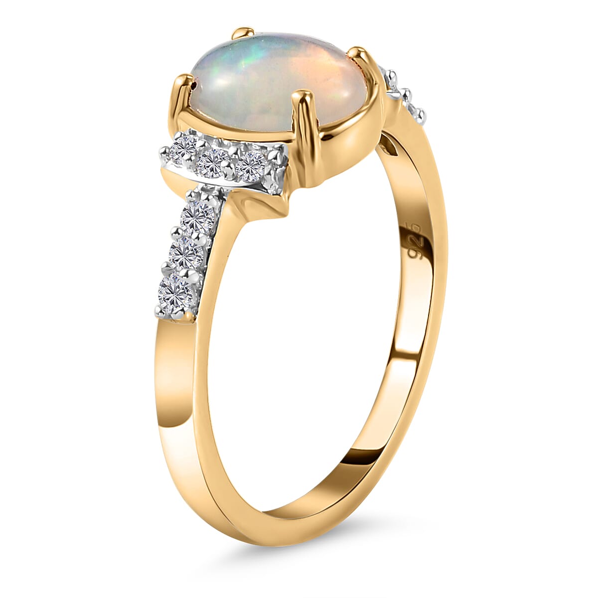 Ethiopian Welo Opal and Natural Cambodian Zircon Ring in 14K Gold Overlay Sterling Silver 1.05 Ct.