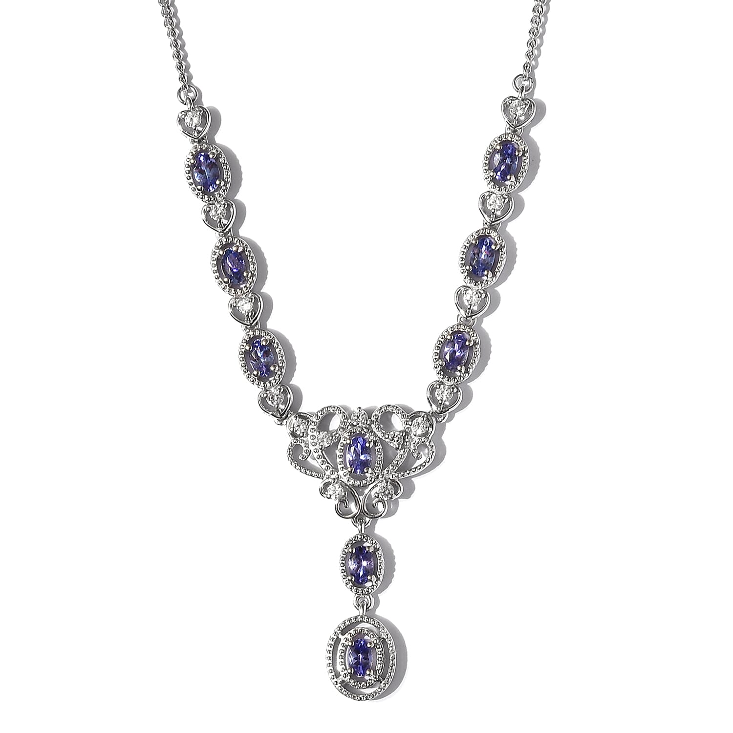 Tanzanite and Natural Cambodian Zircon Necklace (Size 18) in Platinum Overlay Sterling Silver 2.06 Ct, Silver wt. 7.50 Gms