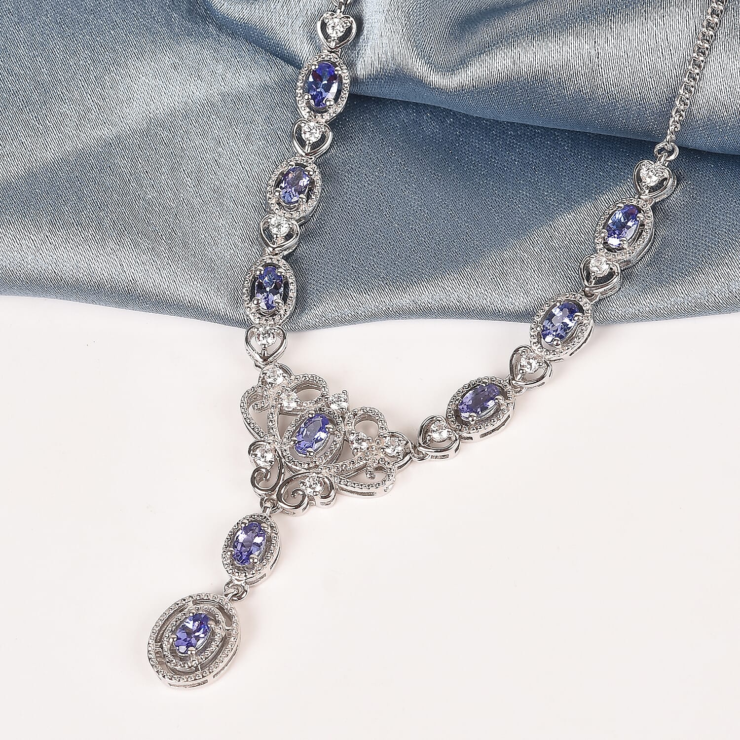 Tanzanite and Natural Cambodian Zircon Necklace (Size 18) in Platinum Overlay Sterling Silver 2.06 Ct, Silver wt. 7.50 Gms