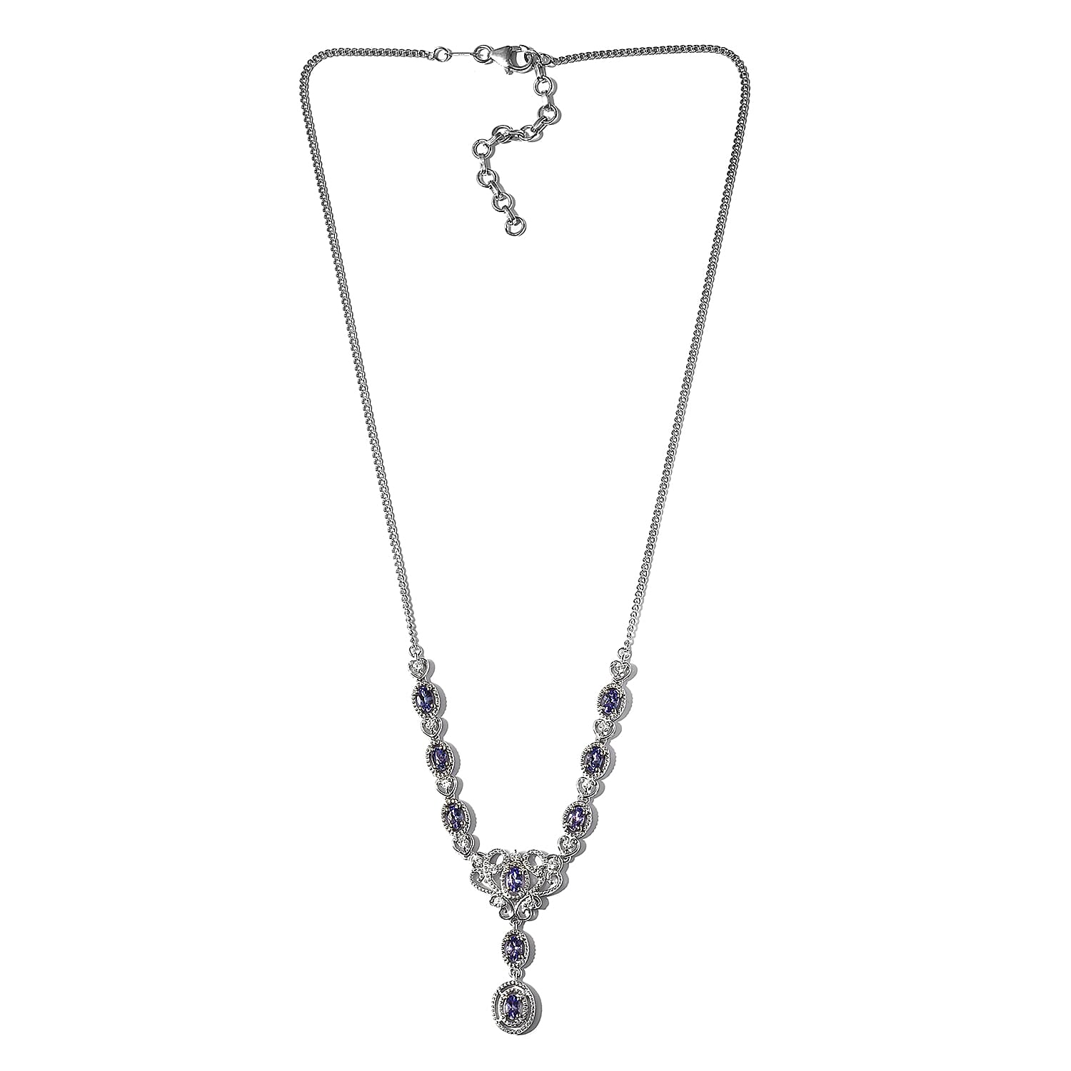 Tanzanite and Natural Cambodian Zircon Necklace (Size 18) in Platinum Overlay Sterling Silver 2.06 Ct, Silver wt. 7.50 Gms