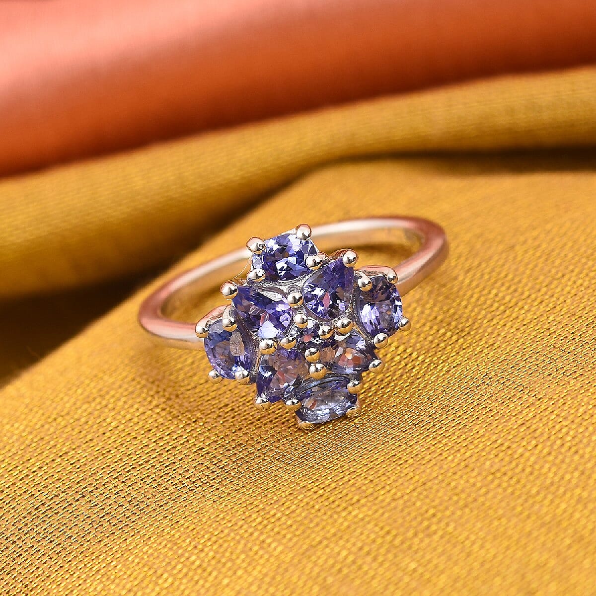 Tanzanite Cluster Ring in Platinum Overlay Sterling Silver 1.12 Ct.