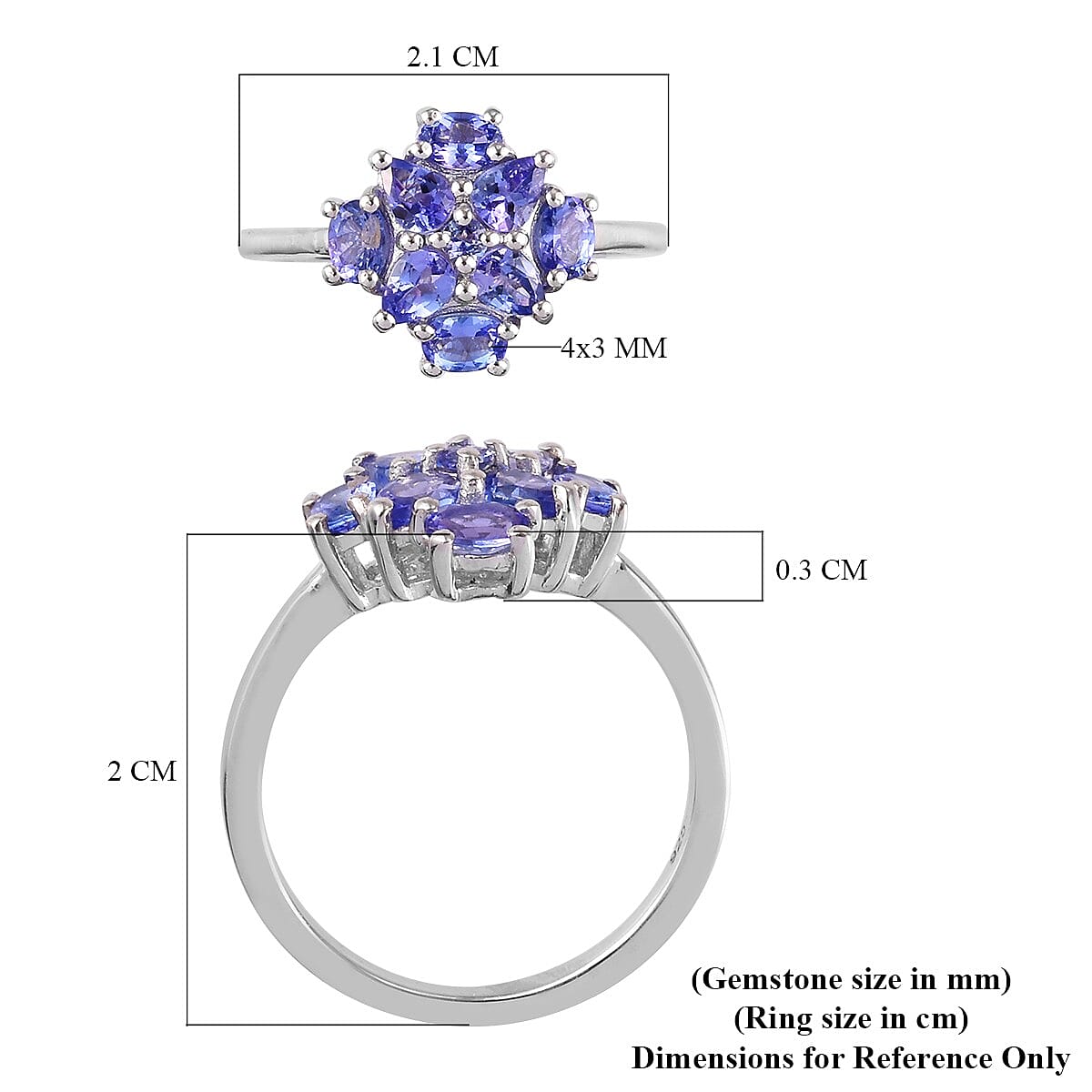 Tanzanite Cluster Ring in Platinum Overlay Sterling Silver 1.12 Ct.