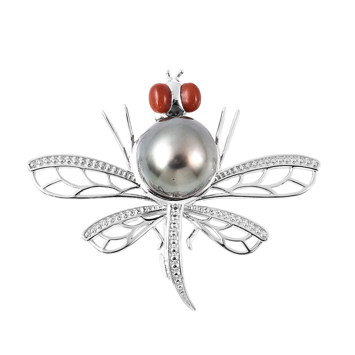 Fresh Water Peacock Pearl, Red Jade and Blue Sapphire Dragonfly Pendant in Rhodium Overlay Sterling Silver