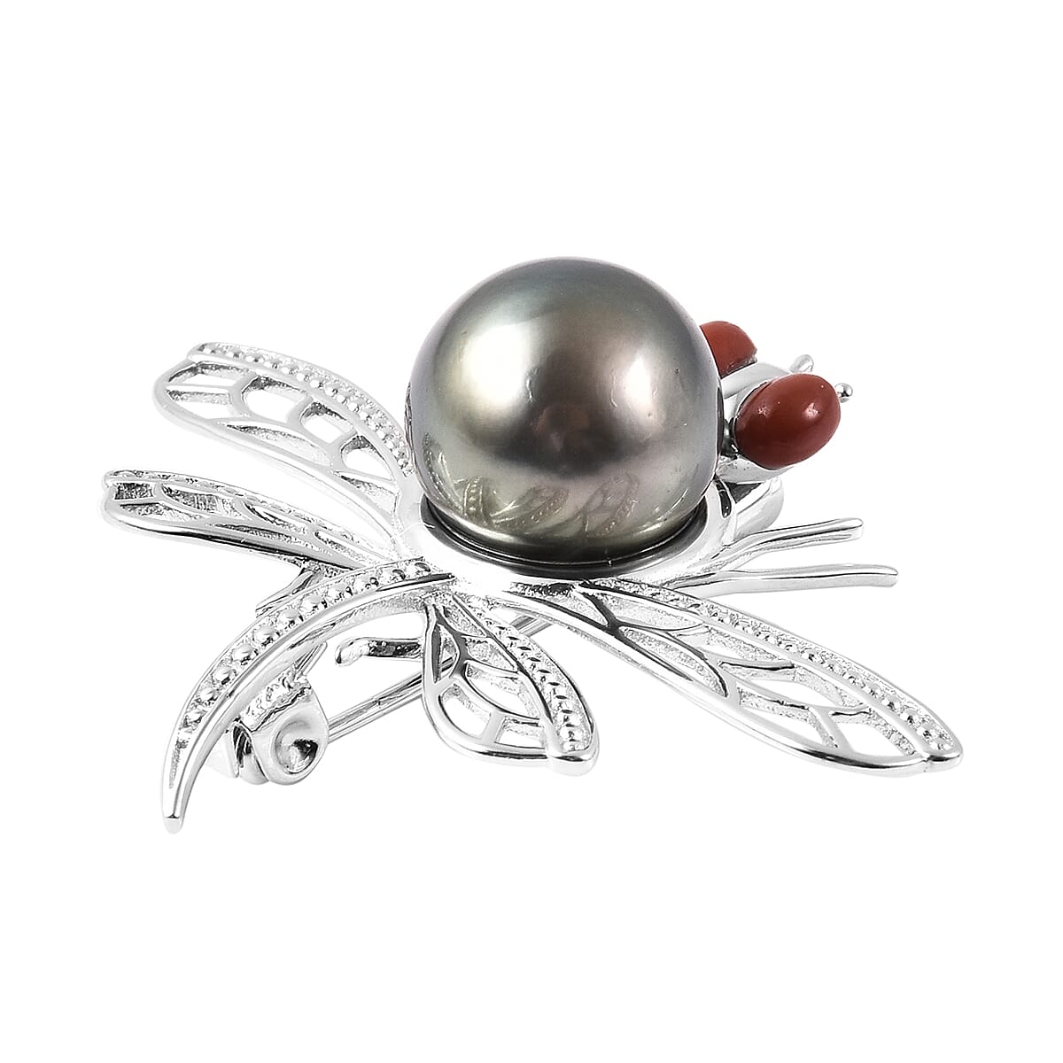 Fresh Water Peacock Pearl, Red Jade and Blue Sapphire Dragonfly Pendant in Rhodium Overlay Sterling Silver