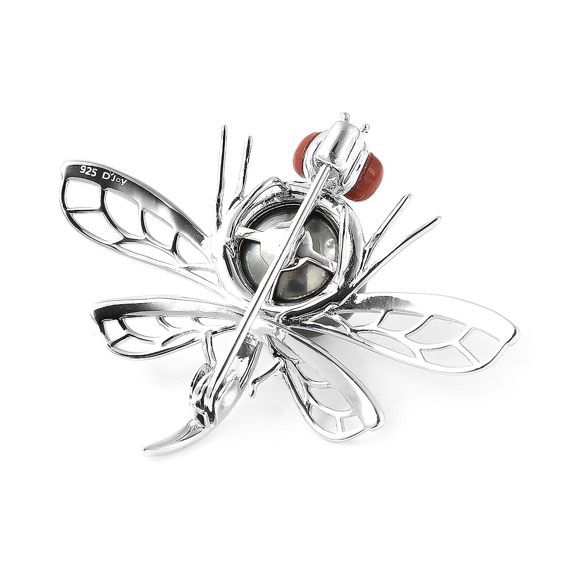 Fresh Water Peacock Pearl, Red Jade and Blue Sapphire Dragonfly Pendant in Rhodium Overlay Sterling Silver