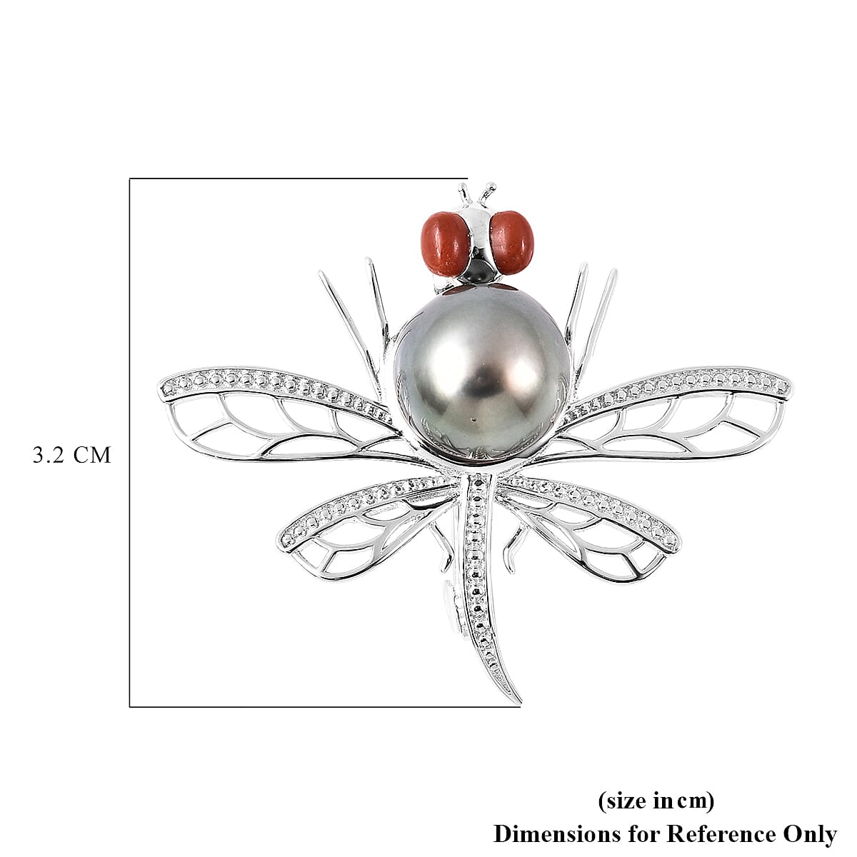 Fresh Water Peacock Pearl, Red Jade and Blue Sapphire Dragonfly Pendant in Rhodium Overlay Sterling Silver