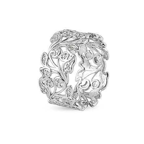 Designer Inspired - Diamond Leaf Ring in Platinum Overlay Sterling Silver