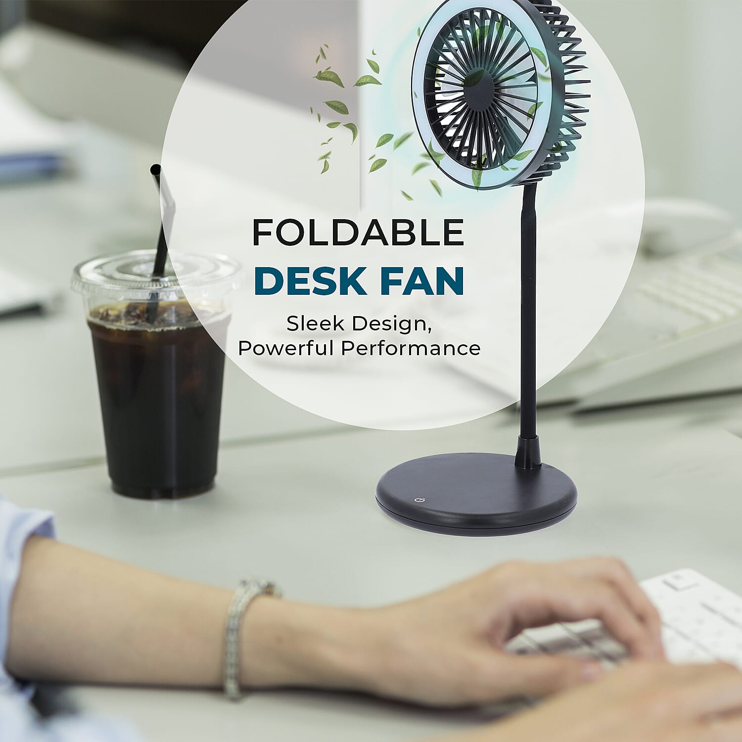 Foldable Desk Fan with LED Light and 3 Wind Speed Setting (Size 31x12x12 cm) - Black