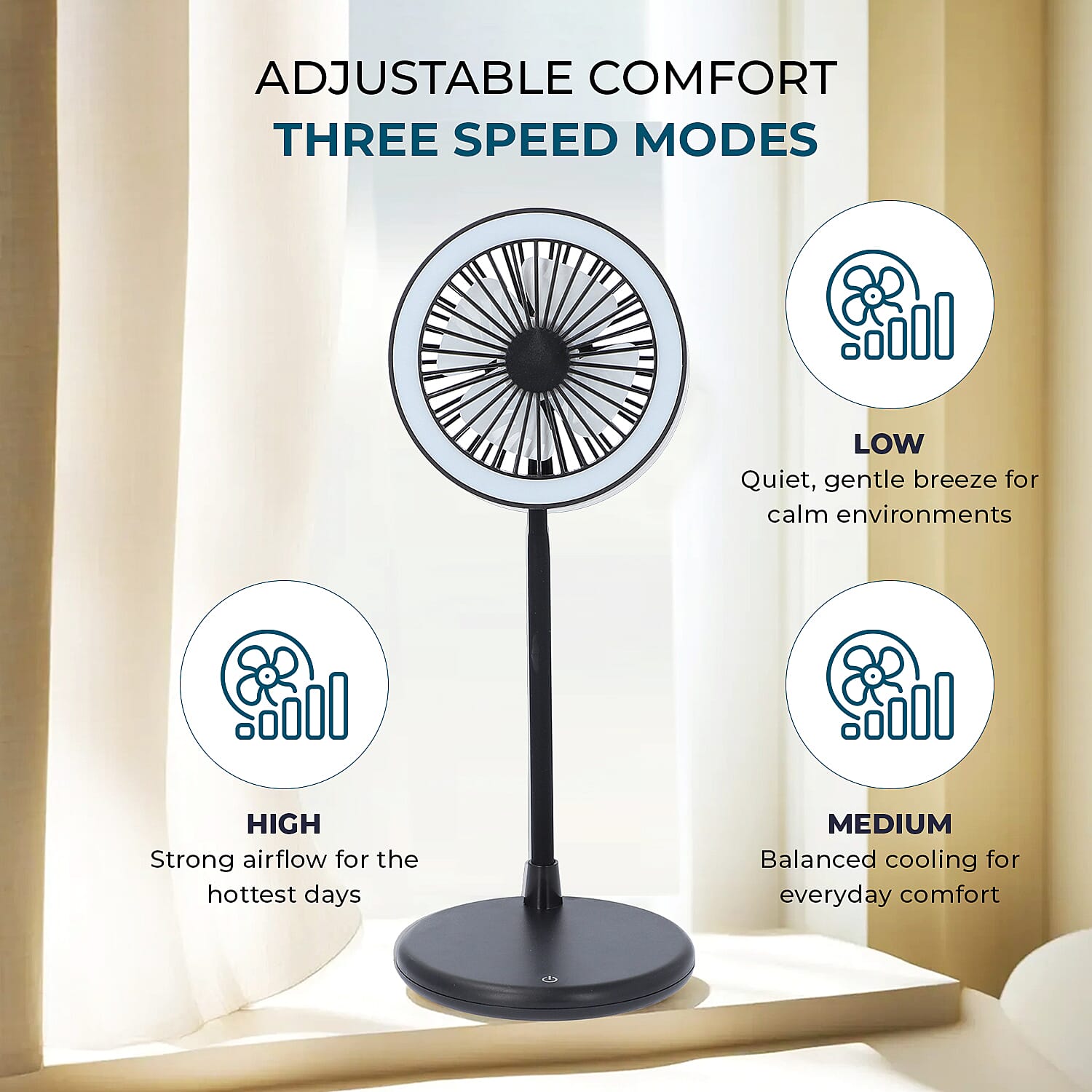 Foldable Desk Fan with LED Light and 3 Wind Speed Setting (Size 31x12x12 cm) - Black