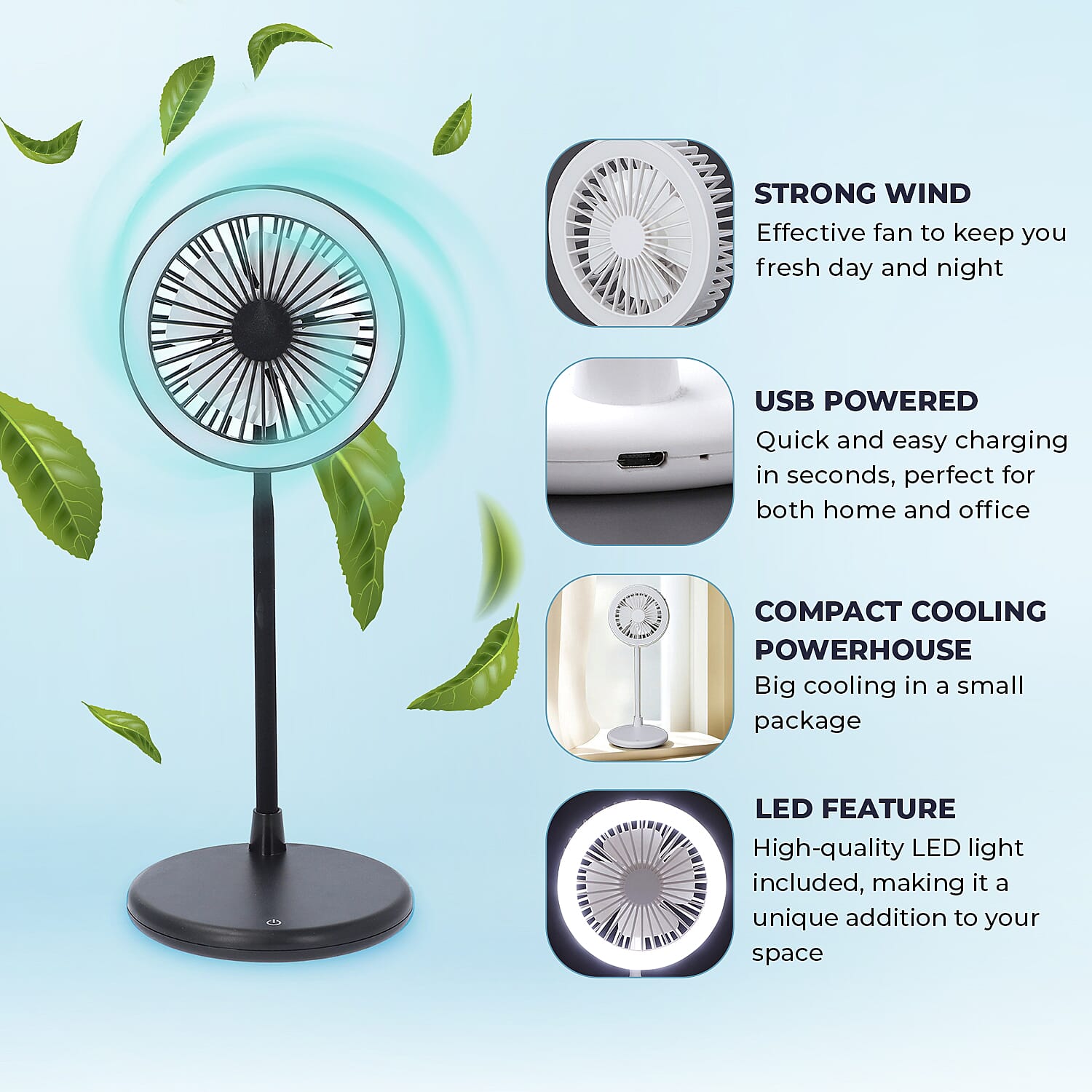 Foldable Desk Fan with LED Light and 3 Wind Speed Setting (Size 31x12x12 cm) - Black