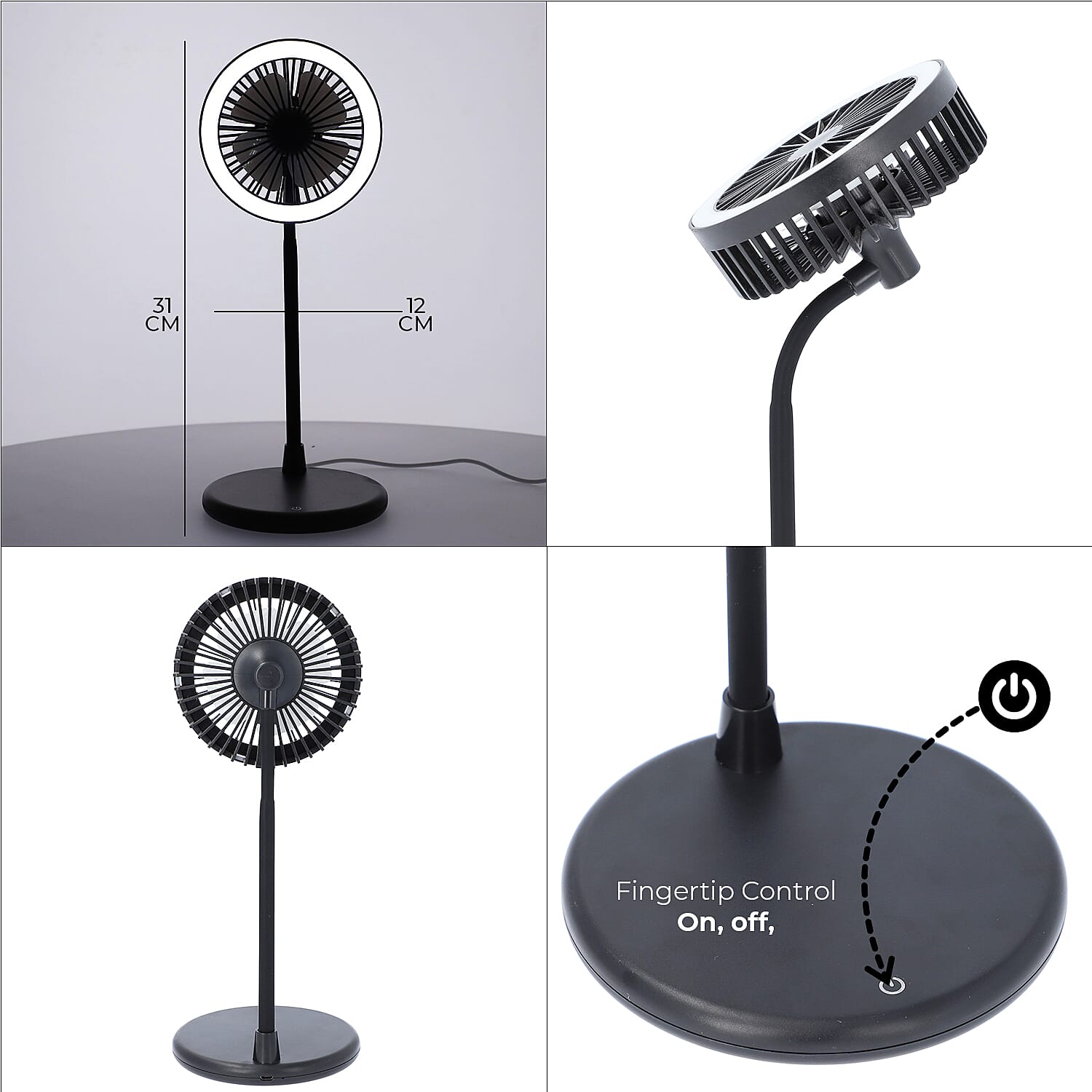 Foldable Desk Fan with LED Light and 3 Wind Speed Setting (Size 31x12x12 cm) - Black