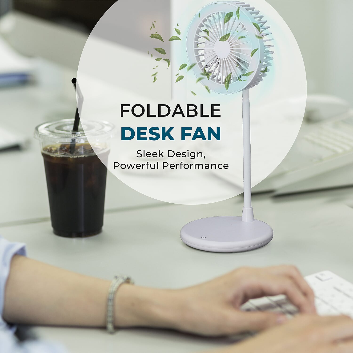 Foldable Desk Fan with LED Light and 3 Wind Speed Setting (Size 31x12x12 cm) - White