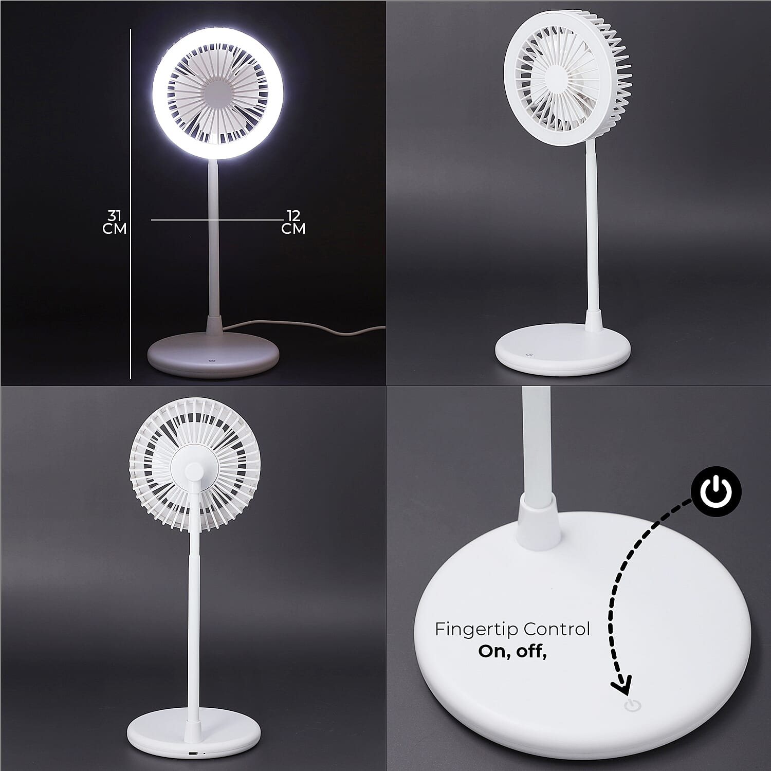 Foldable Desk Fan with LED Light and 3 Wind Speed Setting (Size 31x12x12 cm) - White