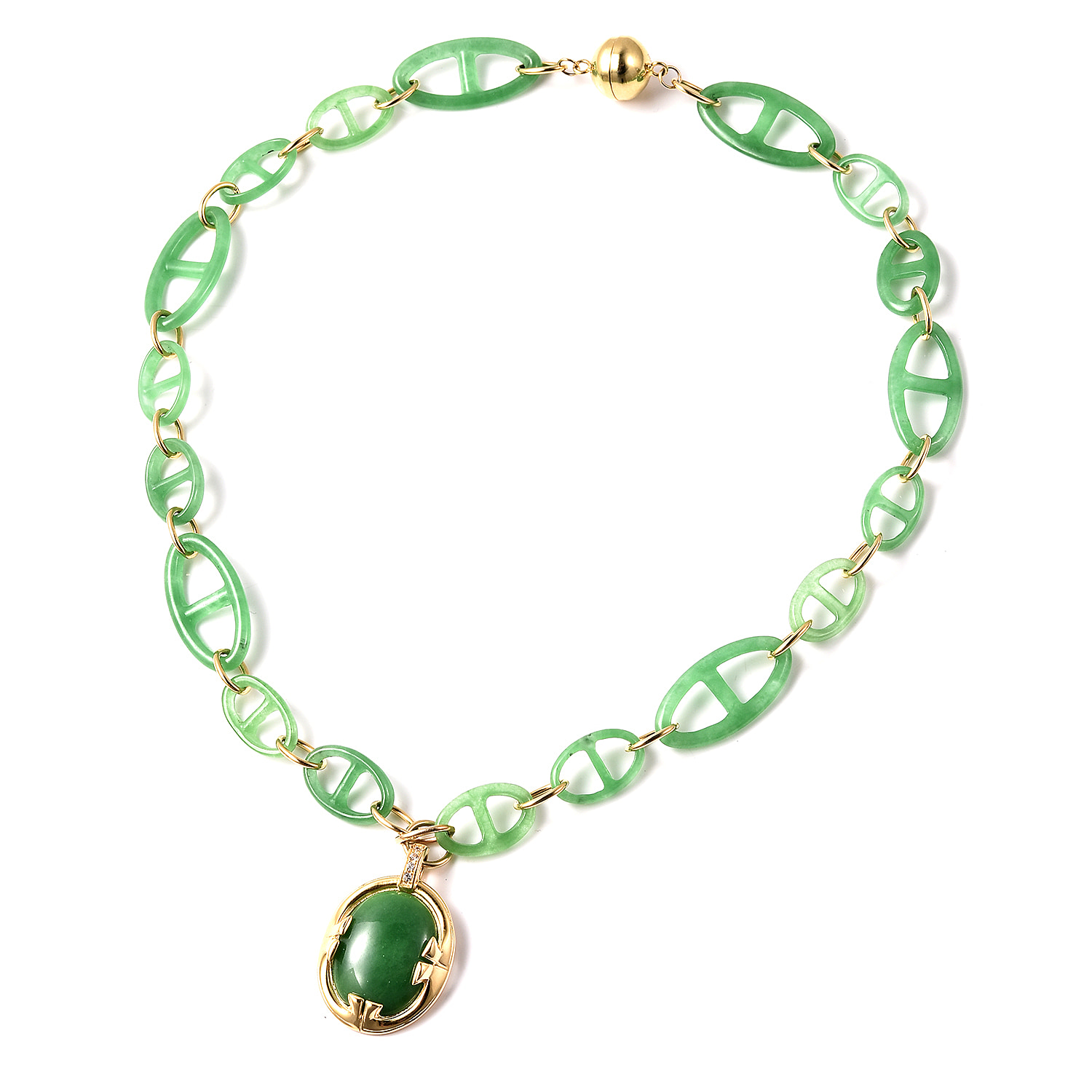 62.7 Carat Green Jade and Cambodian Zircon Necklace 18 Inches in Yellow Gold Plated Sterling Silver