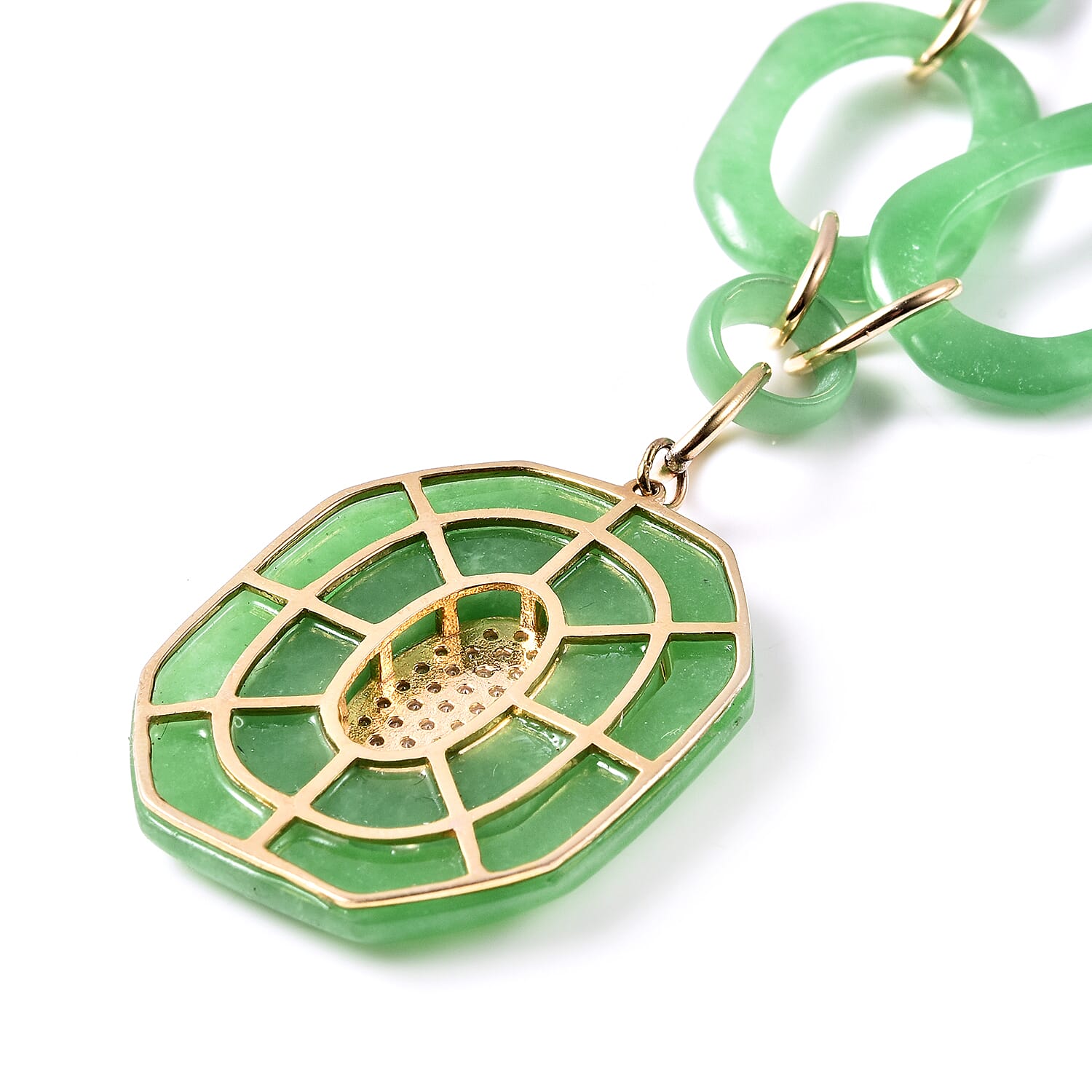 Designer Inspired - Green Jadeite Jade and Natural Zircon Necklace (Size 23) in Yellow Gold Overlay Sterling Silver 87.00 Ct, Silver Wt. 13.05 Gms