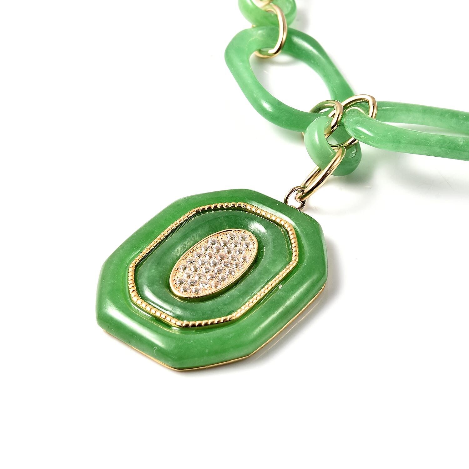 Designer Inspired - Green Jadeite Jade and Natural Zircon Necklace (Size 23) in Yellow Gold Overlay Sterling Silver 87.00 Ct, Silver Wt. 13.05 Gms