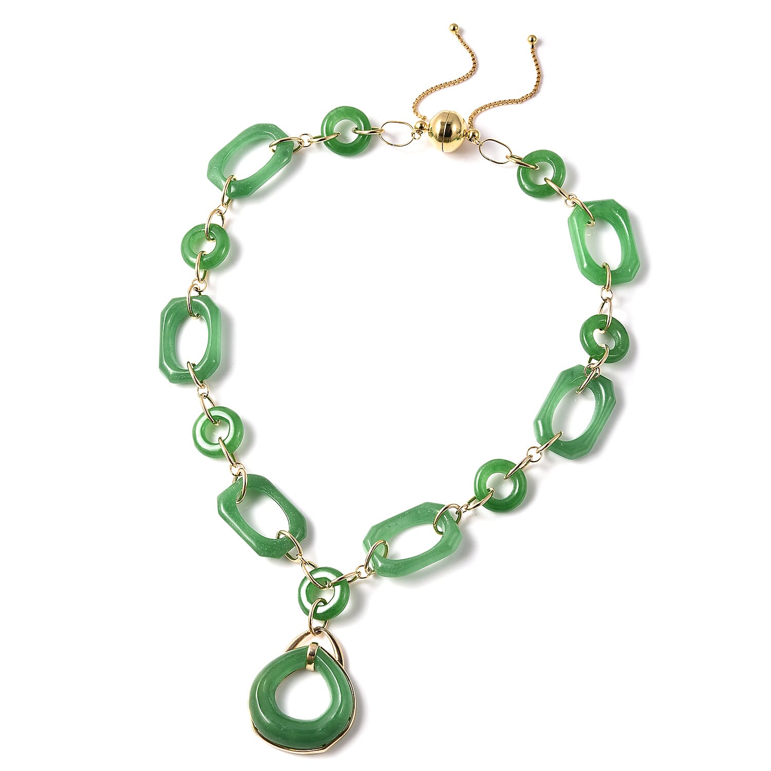 Green Jade Necklace (Size 23)  in Yellow Gold Overlay Sterling Silver 165.00 Ct, Silver wt. 12.32 Gms