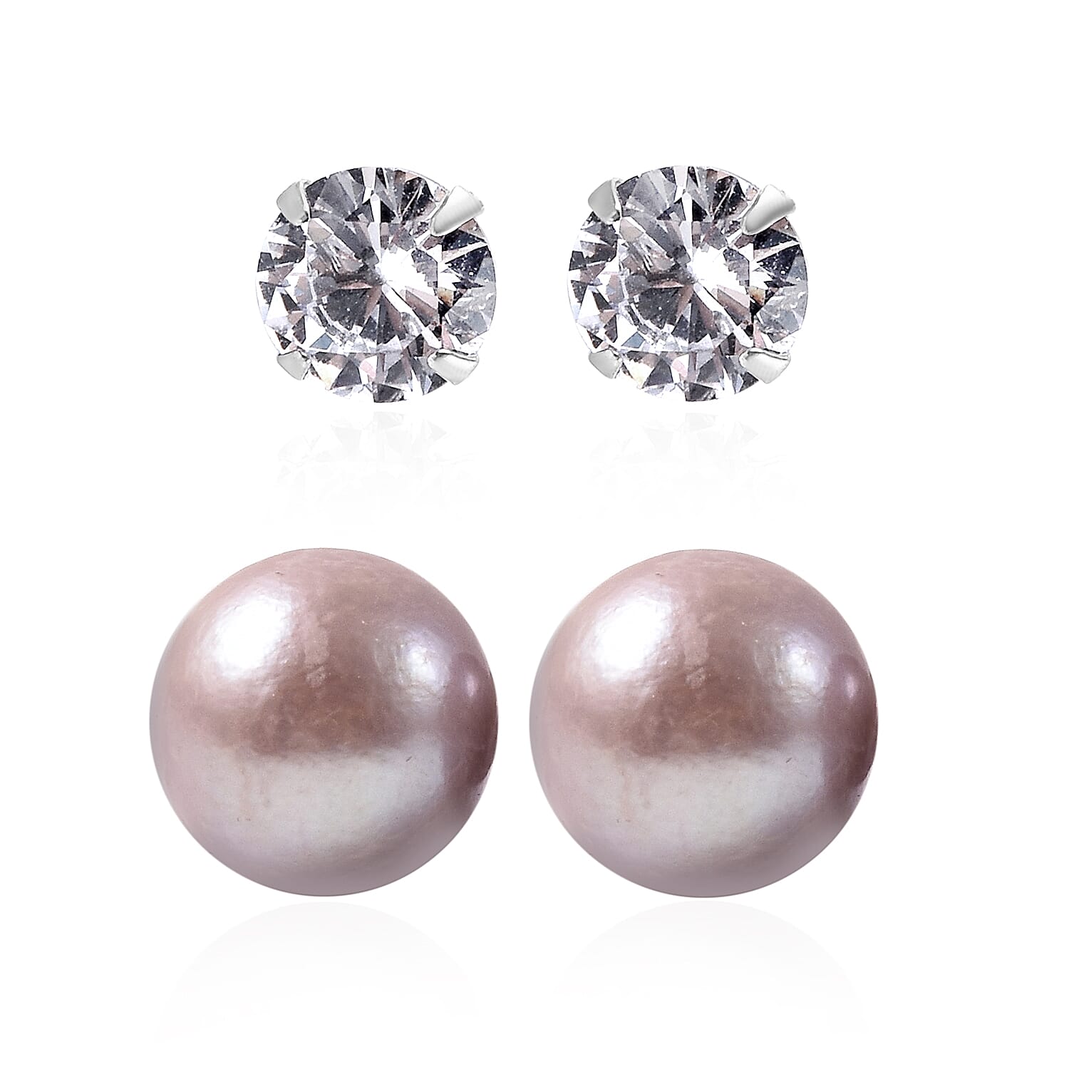 Set of 2 - Simulated Diamond and Anhui Purple Pearl Stud Earrings (with Push Back) in Rhodium Overlay Sterling Silver