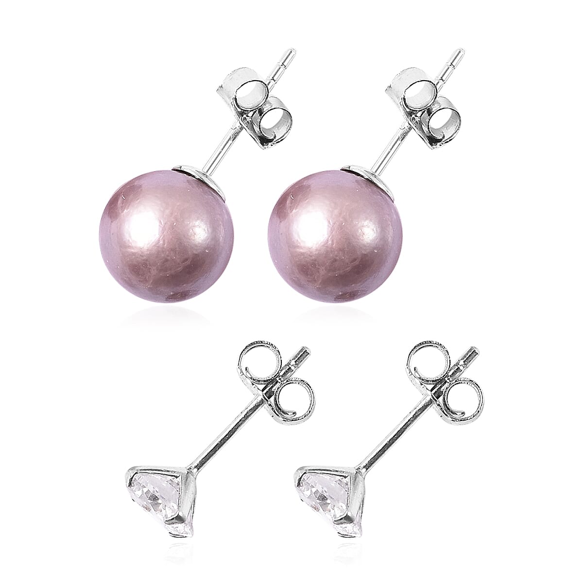 Set of 2 - Simulated Diamond and Anhui Purple Pearl Stud Earrings (with Push Back) in Rhodium Overlay Sterling Silver