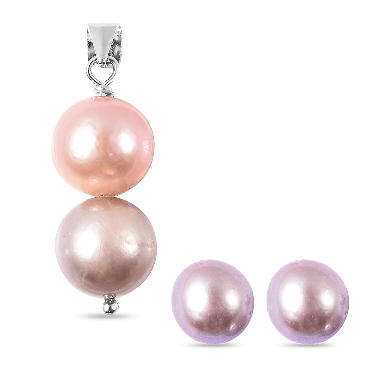 2 Piece Set - Anhui Purple Pearl Stud Earrings (with Push Back) and Pendant in Rhodium Overlay Sterling Silver