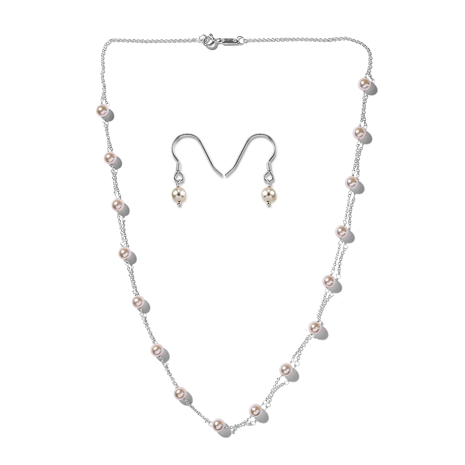 Lustro Stella 2 Piece Set - Cream Pearl Crystal Necklace (Size 18) and Hook Earrings in Sterling Silver