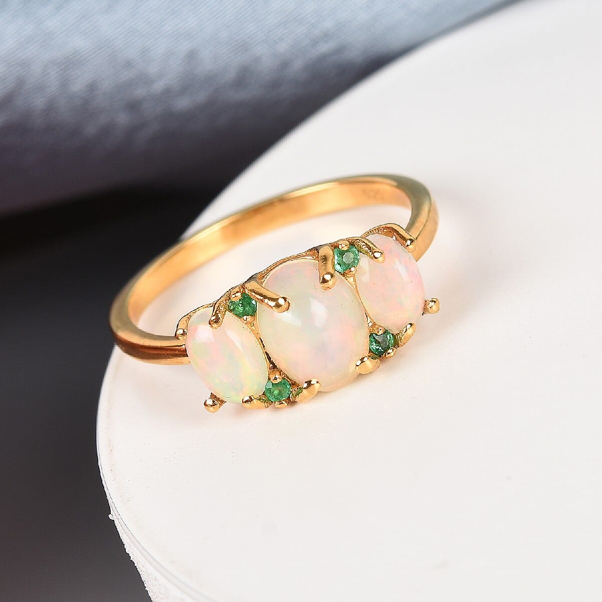 Ethiopian Welo Opal and Kagem Zambian Emerald Ring in 14K Gold Overlay Sterling Silver 1.58 Ct.