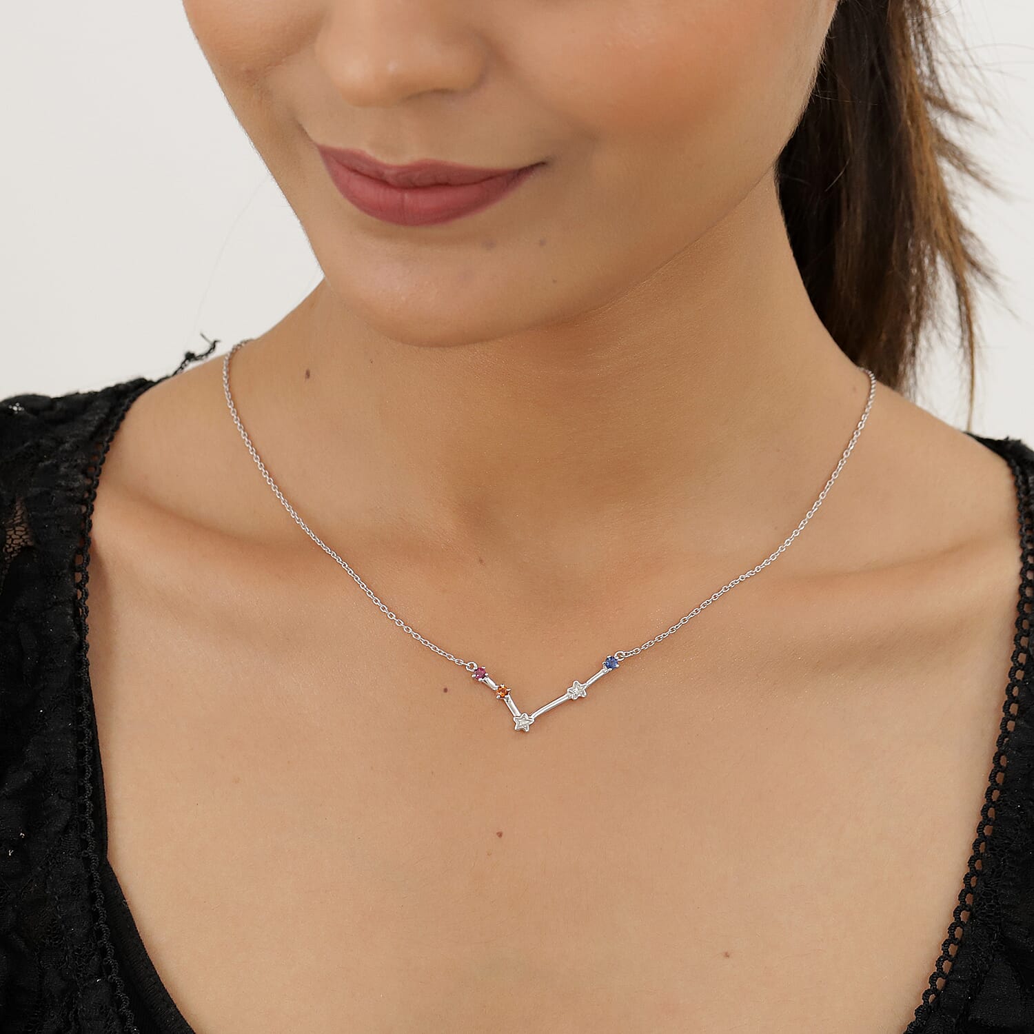 Diamond, Rhodolite Garnet, and Multi Gemstone Necklace (Size - 18 With 2 Inch Extender) in Platinum Overlay Sterling Silver