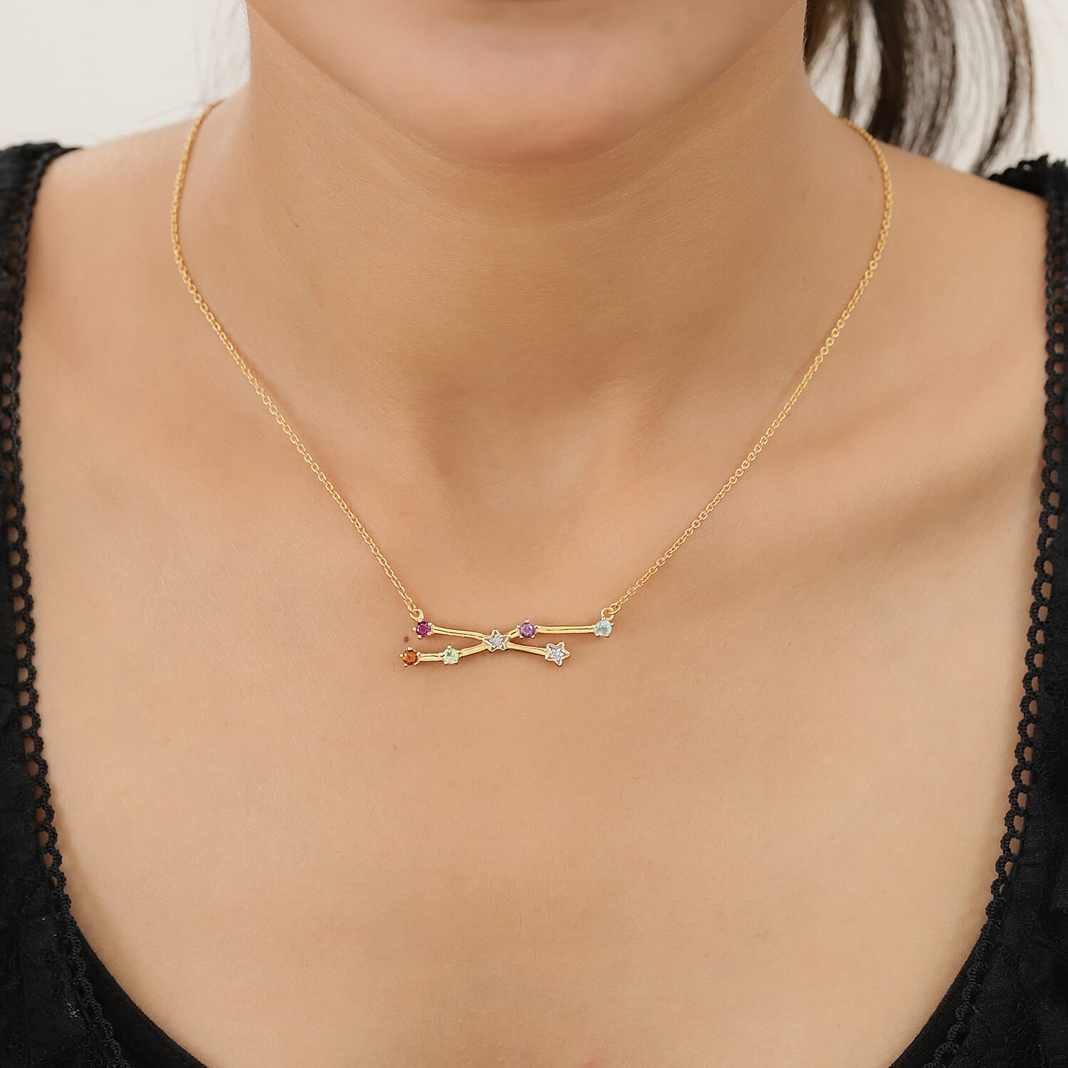 Diamond and Multi Gemstones Necklace (Size 18 With 2 Inch Extender) ) in 14K Gold Overlay Sterling Silver