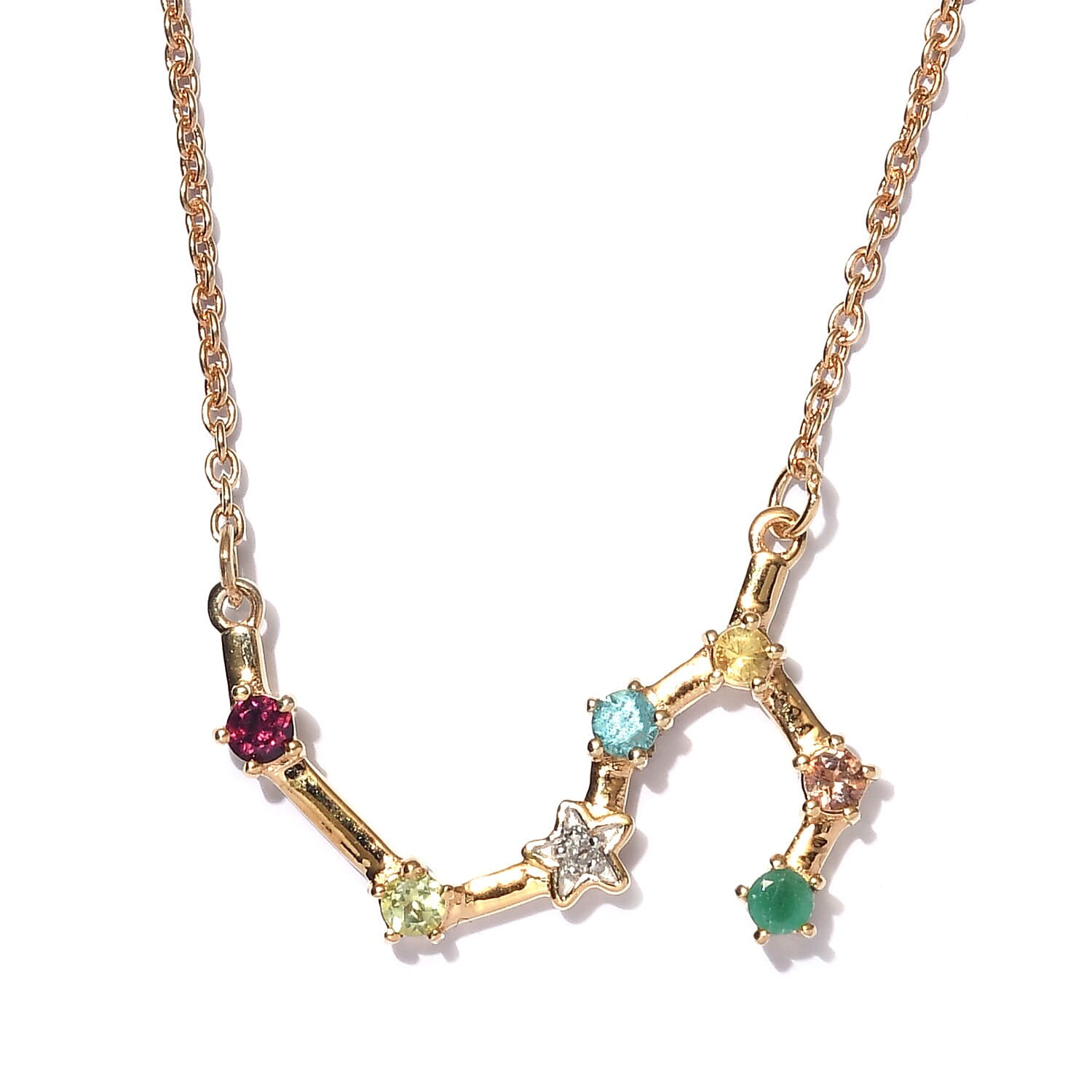 Diamond and Multi Gemstones Necklace (Size -18 With 2 inch Extender) in 14K Gold Overlay Sterling Silver