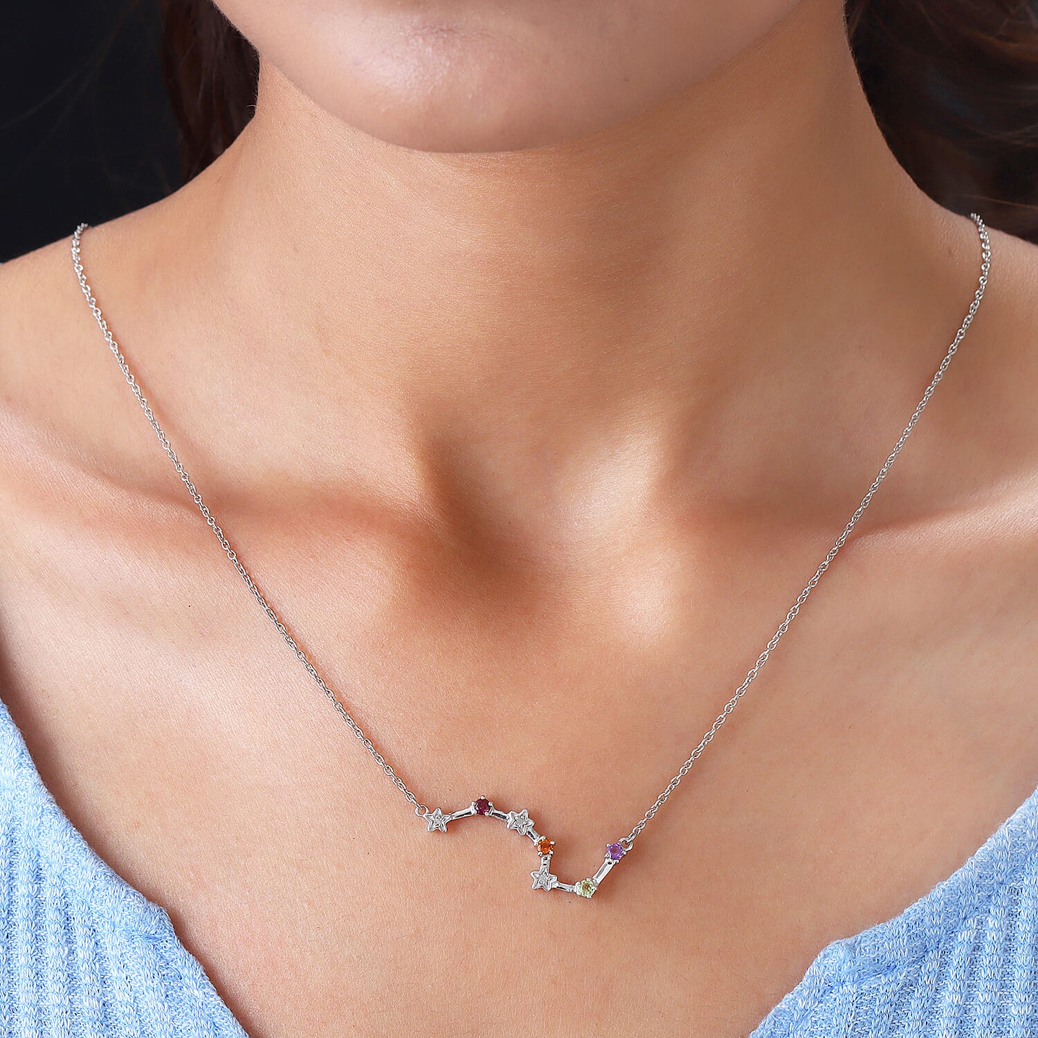 Diamond and Multi Gemstones Necklace (Size 18 With 2 Inch Extender) in Platinum Overlay Sterling Silver