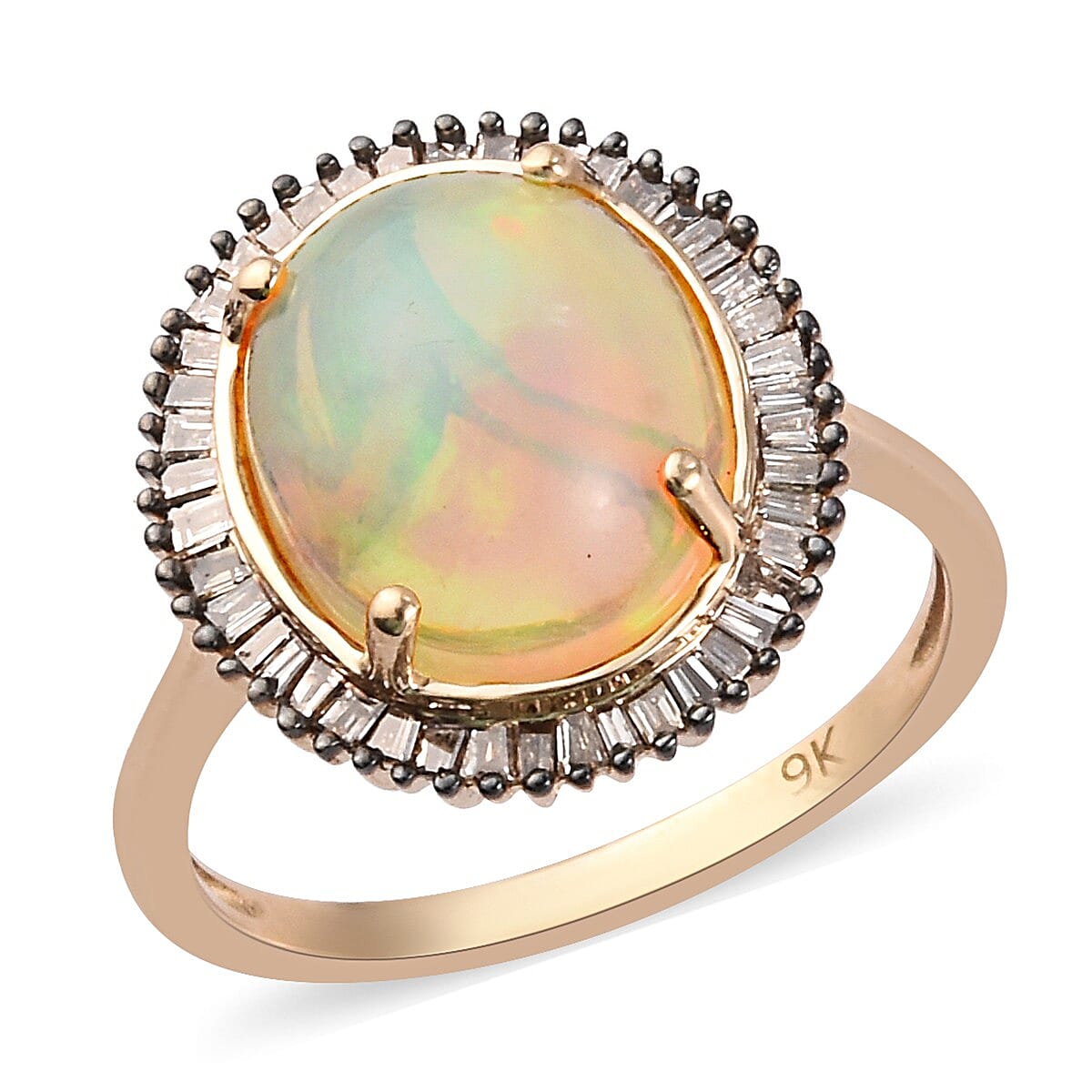 Cocktail Collection-9K Yellow Gold Ethiopian Welo Opal (Oval 12x10) and Diamond (Rnd 0.25 Cts) Ring 3.250 Ct.t.