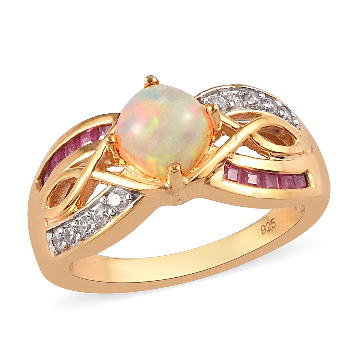 Ethiopian Welo Opal, African Ruby (FF) and Natural Cambodian Zircon Ring in 14K Gold Overlay Sterling Silver 1.380 Ct.