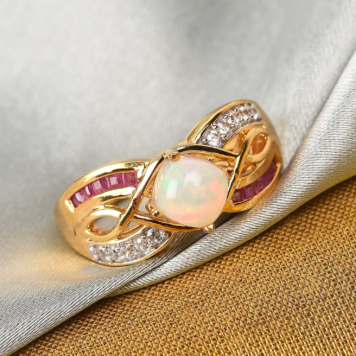 Ethiopian Welo Opal, African Ruby (FF) and Natural Cambodian Zircon Ring in 14K Gold Overlay Sterling Silver 1.380 Ct.