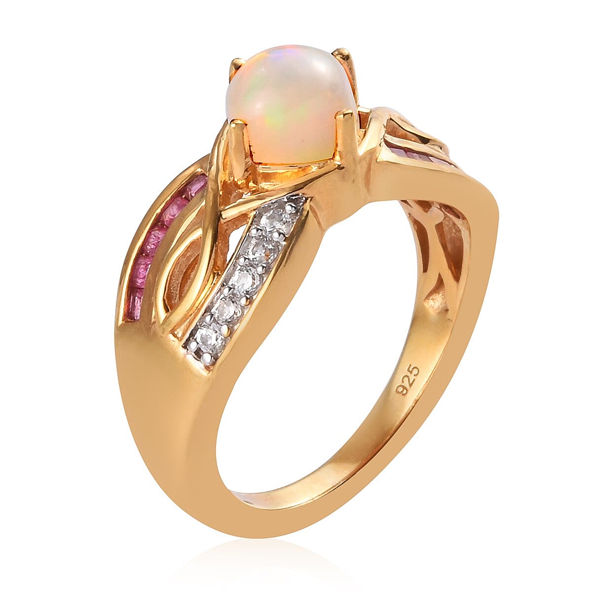 Ethiopian Welo Opal, African Ruby (FF) and Natural Cambodian Zircon Ring in 14K Gold Overlay Sterling Silver 1.380 Ct.