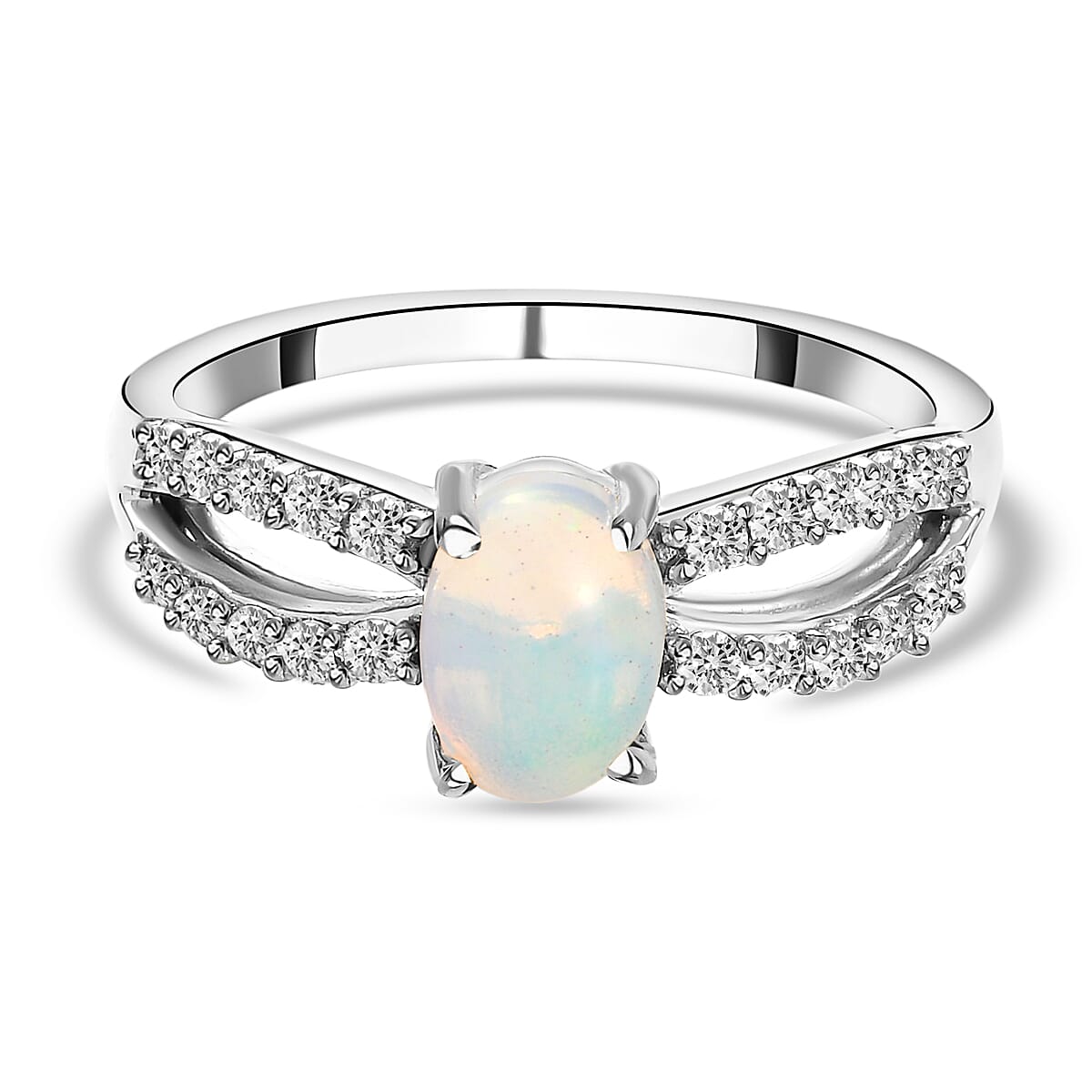 Ethiopian Welo Opal and Natural Cambodian Zircon Ring in Platinum Overlay Sterling Silver