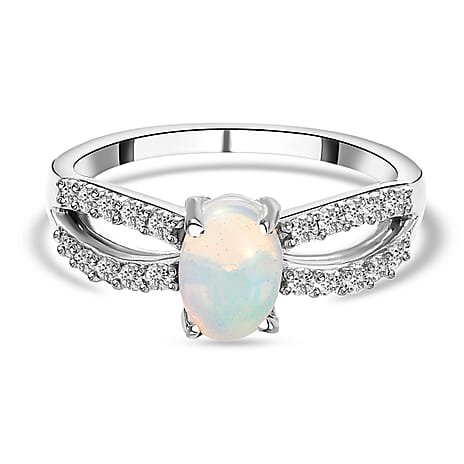 Ethiopian Welo Opal and Natural Cambodian Zircon Ring in Platinum Overlay Sterling Silver
