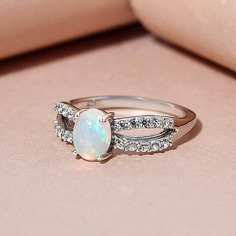 Ethiopian Welo Opal and Natural Cambodian Zircon Ring in Platinum Overlay Sterling Silver