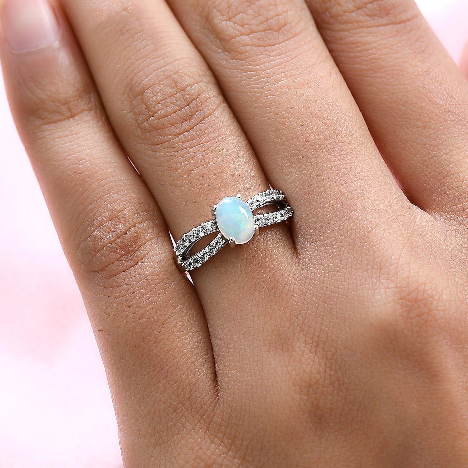 Ethiopian Welo Opal and Natural Cambodian Zircon Ring in Platinum Overlay Sterling Silver